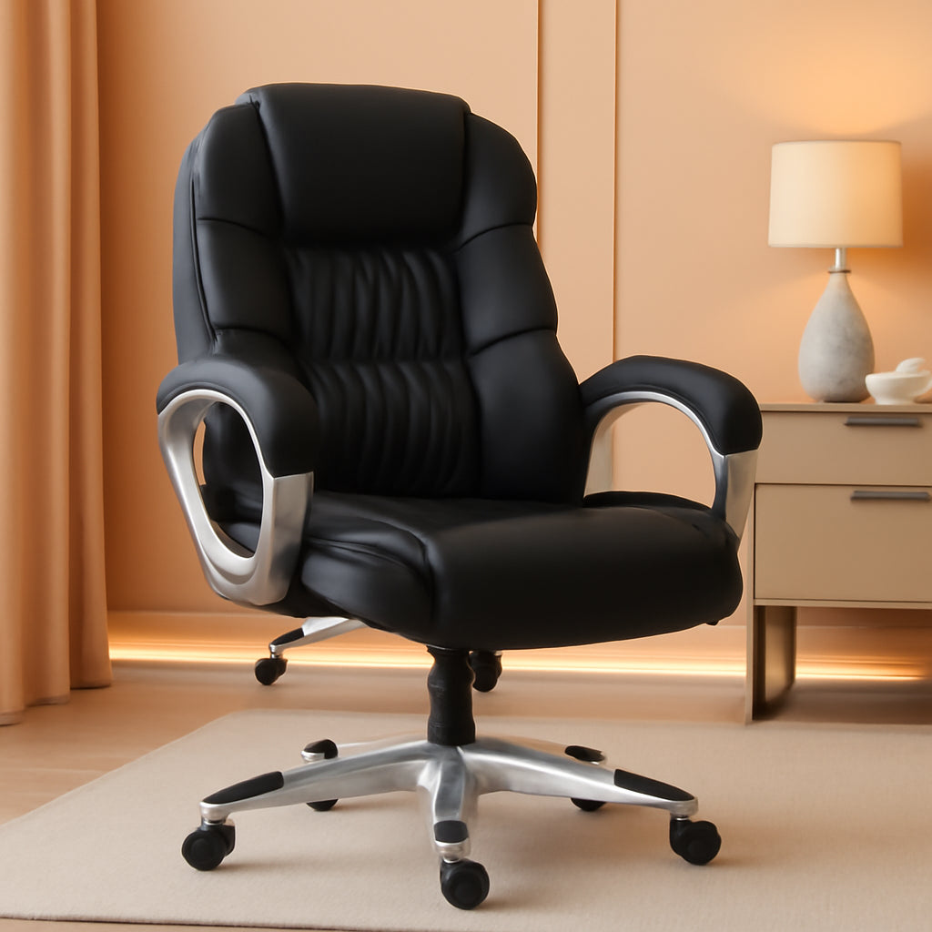 Black PU Leather Office Chair With Adjustable Height And Lumbar Support