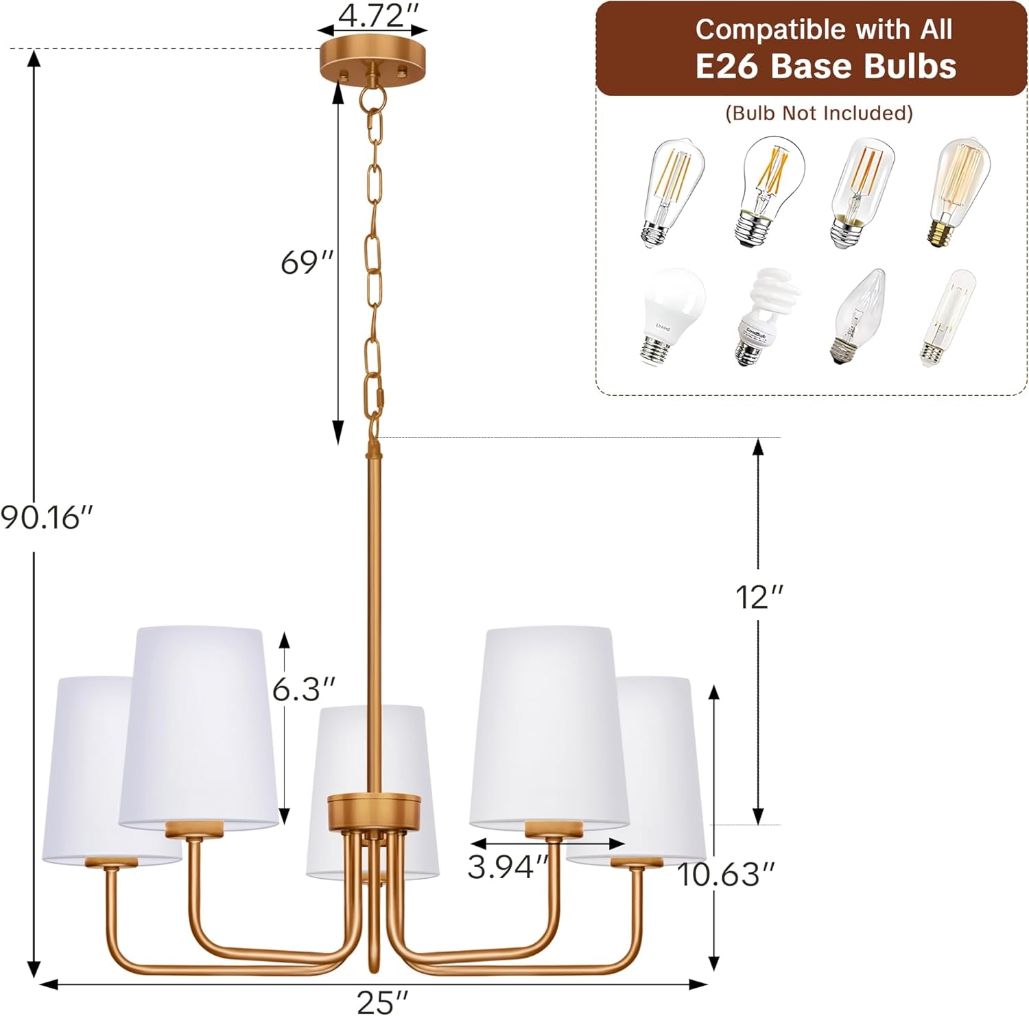 Brass Farmhouse Chandelier Five Light Adjustable Fixture-2