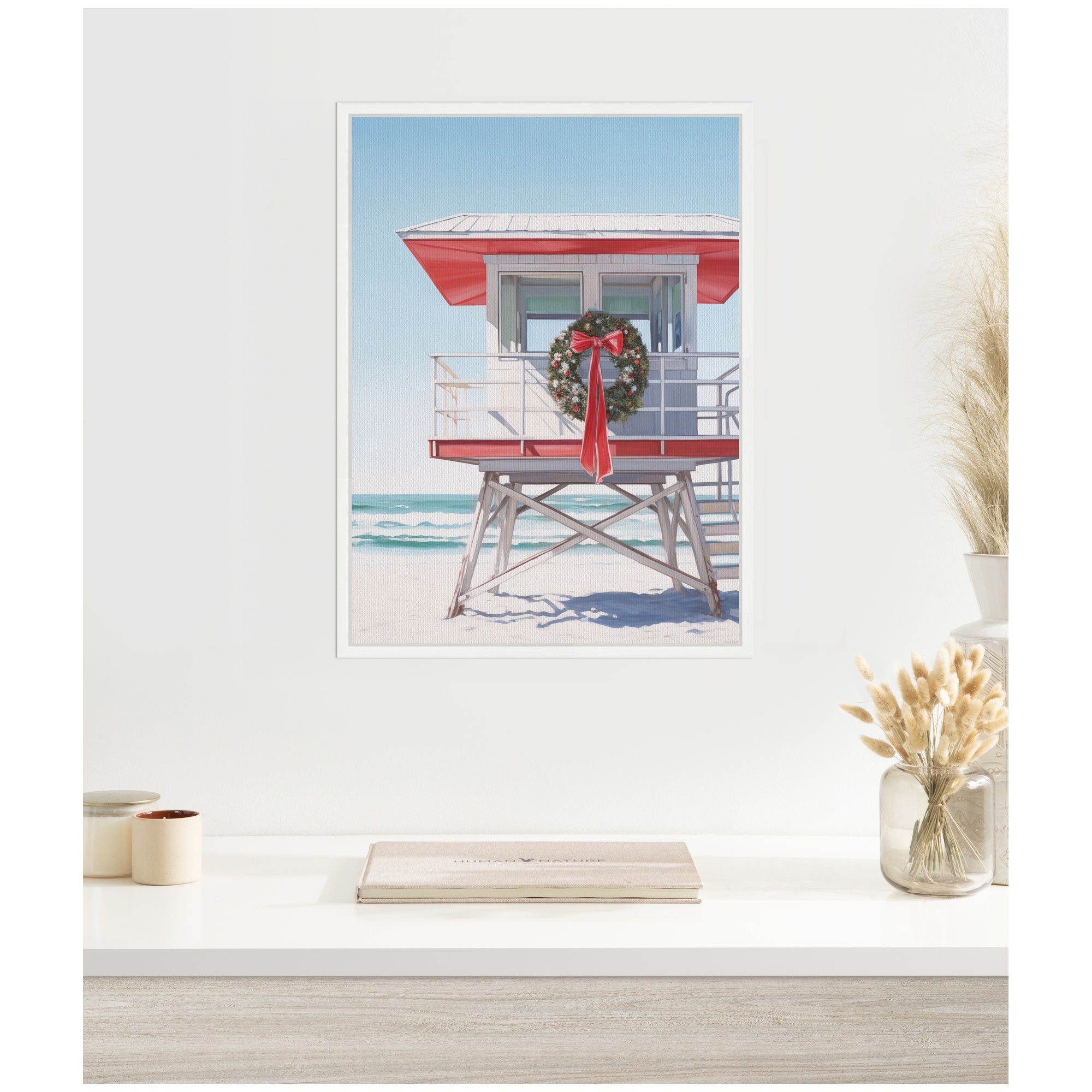 Sylvie Framed Canvas Holiday Wreath Beach Lifeguard Tower by The Creative Bunch Studio