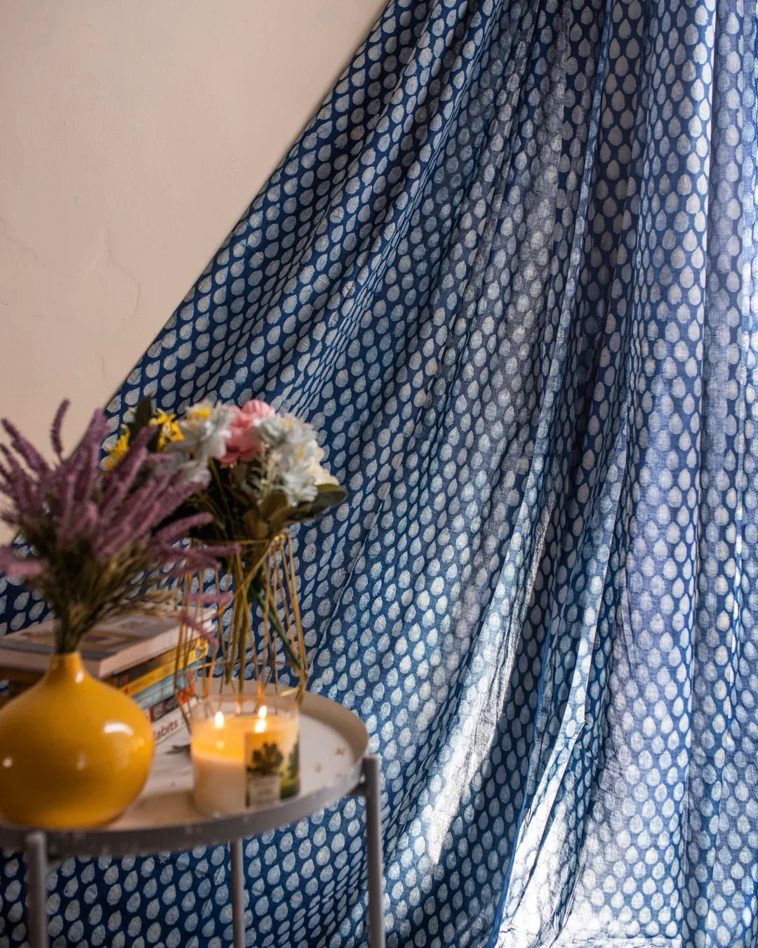 Indigo Blue Hand Block Printed Linen Curtains | Water Droplet Design-0