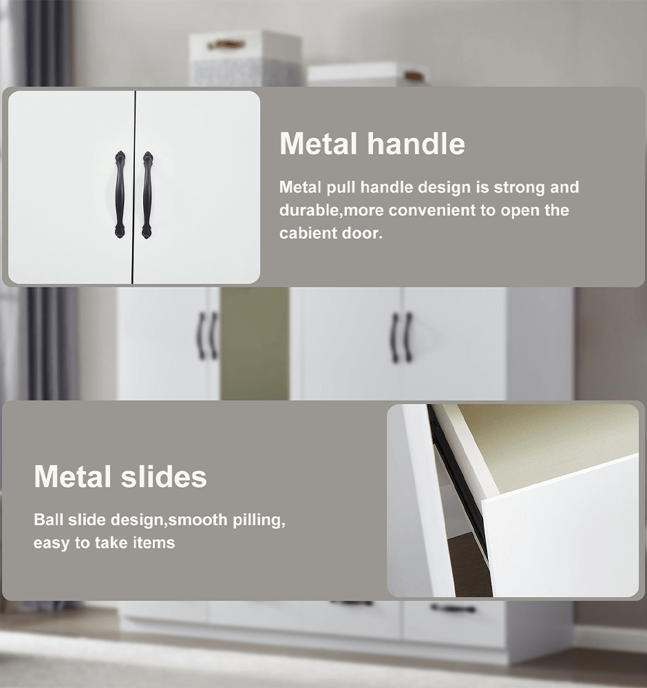 White Mirror Wardrobe Closet – 4-Door Wooden Freestanding Armoire with Shelves & Hanging Rod - PRHOMZ