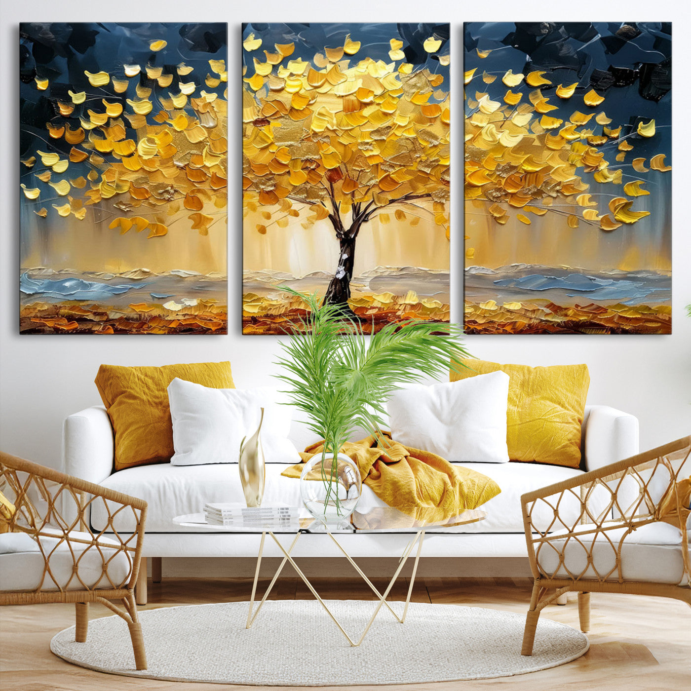 Golden Tree Wall Art – Framed Autumn Leaves Canvas Artwork,