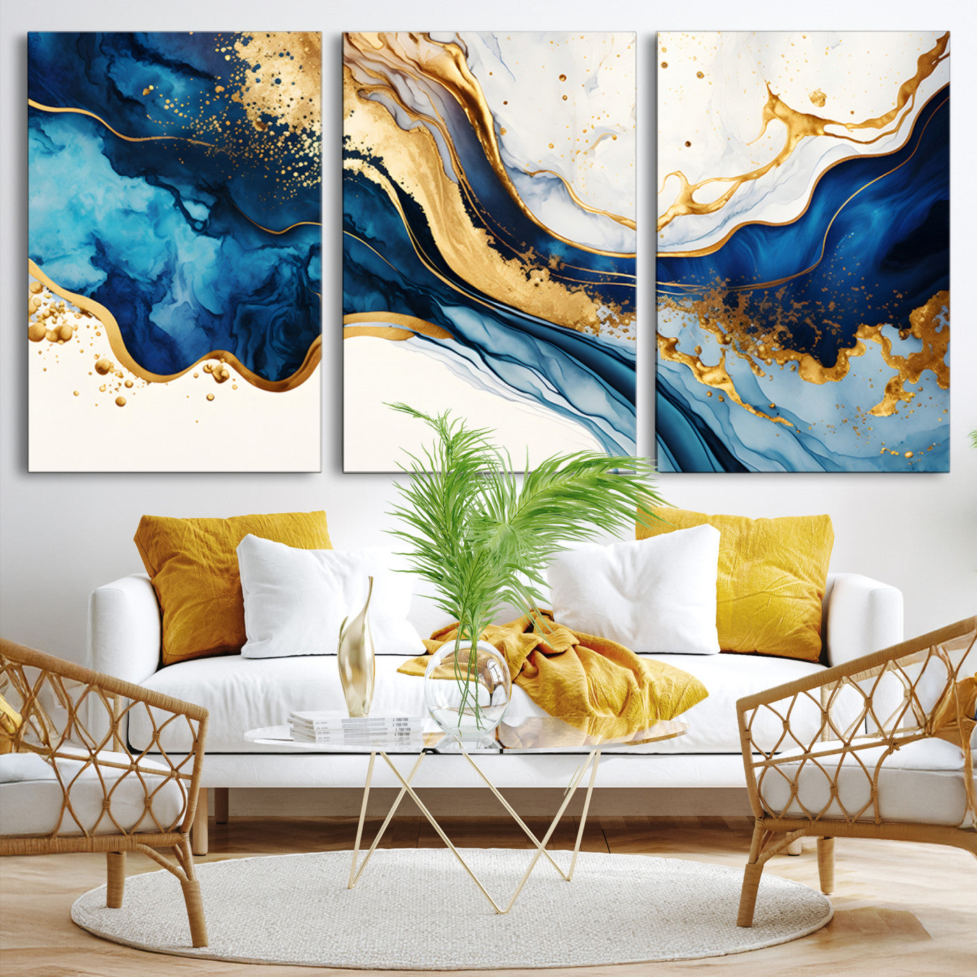 Blue Gold Flow Wall Art Canvas Print – Framed Marble Design