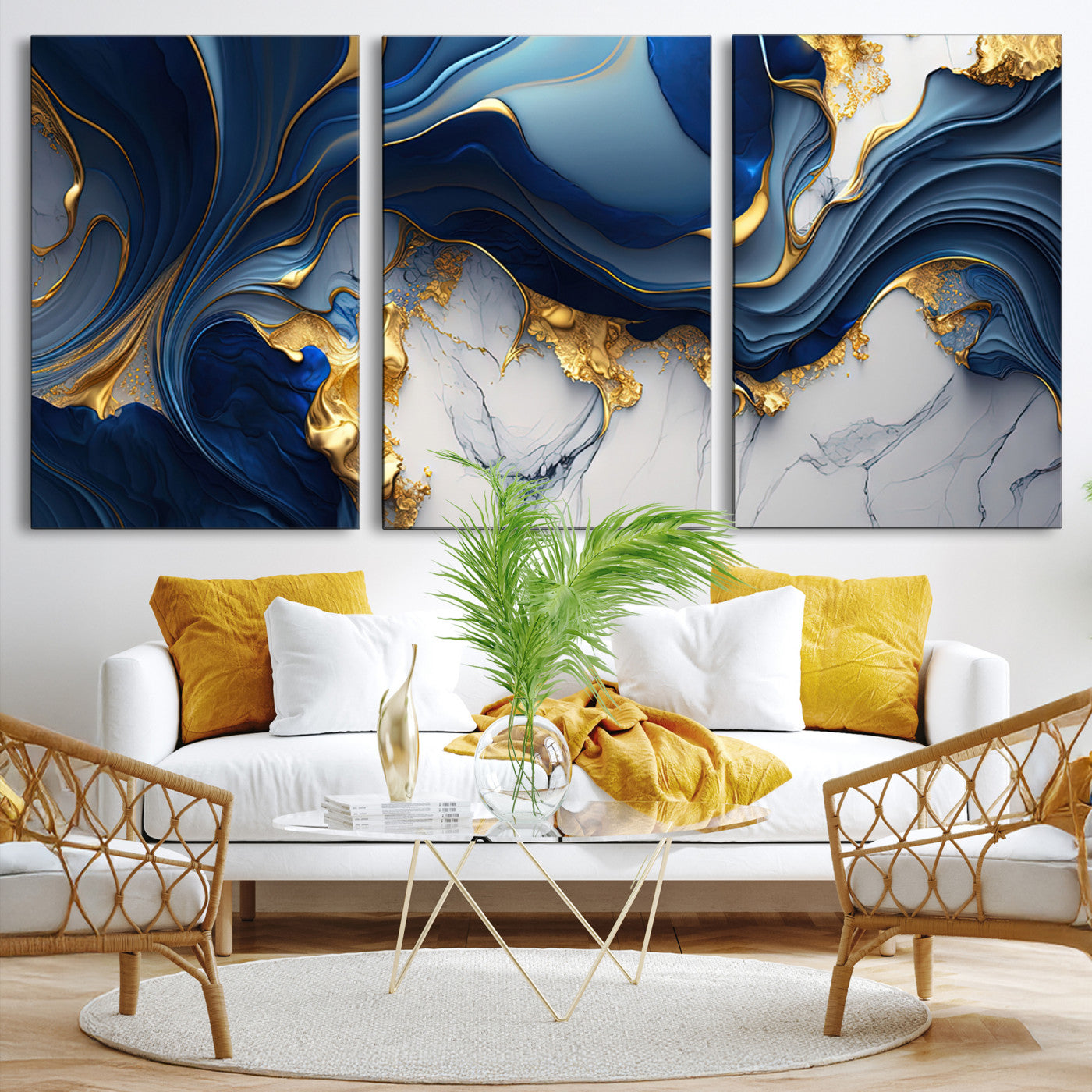 Blue Marble Wall Art Canvas Print – Framed Gold Veins