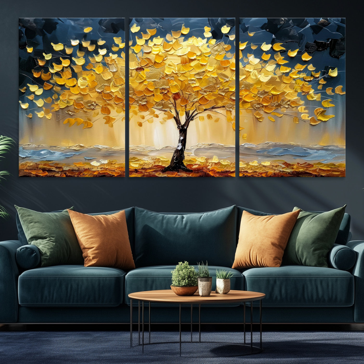 Golden Tree Wall Art – Framed Autumn Leaves Canvas Artwork,