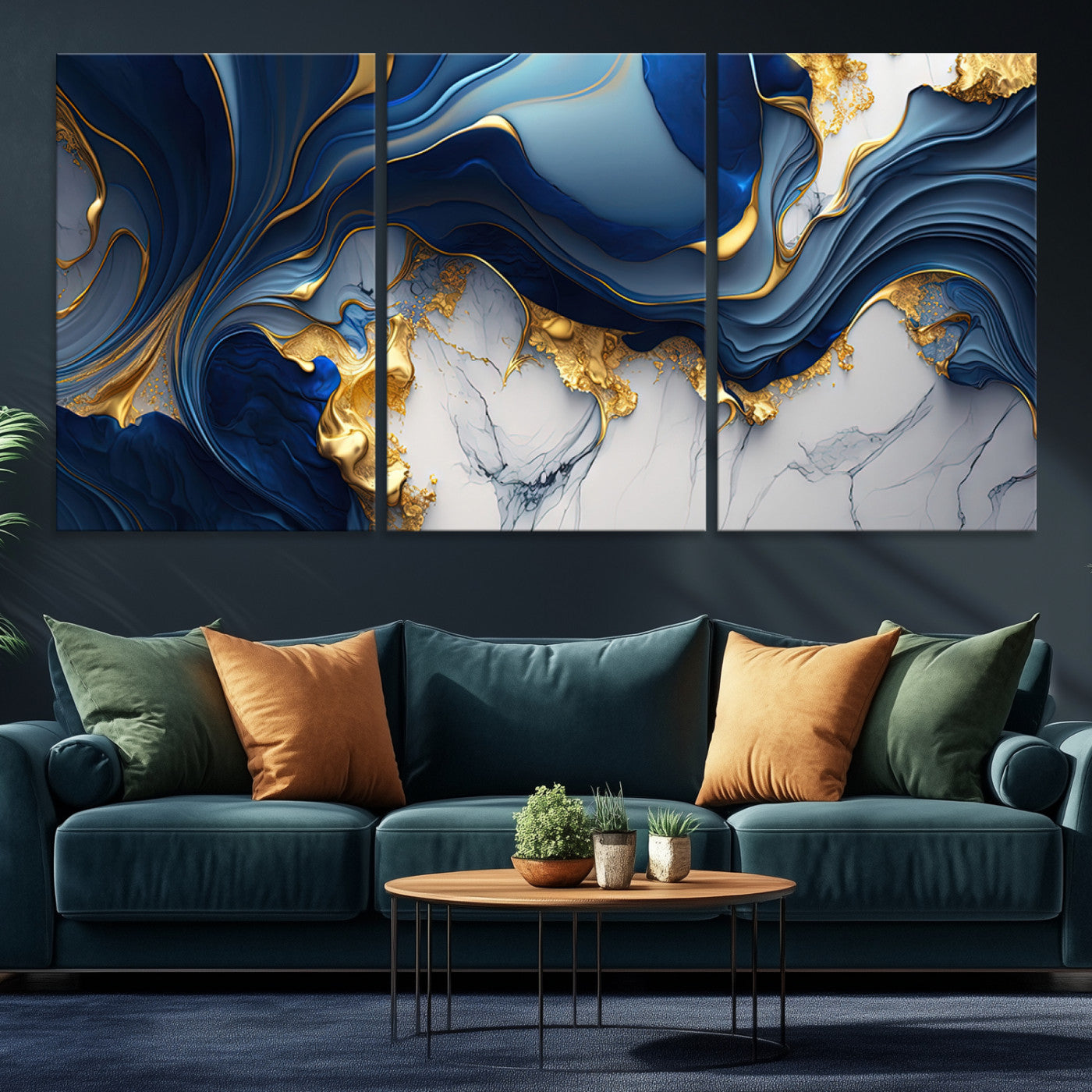 Blue Marble Wall Art Canvas Print – Framed Gold Veins