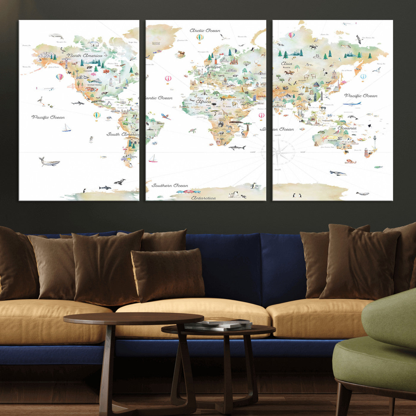 Animal World Map for Kids Room Decor