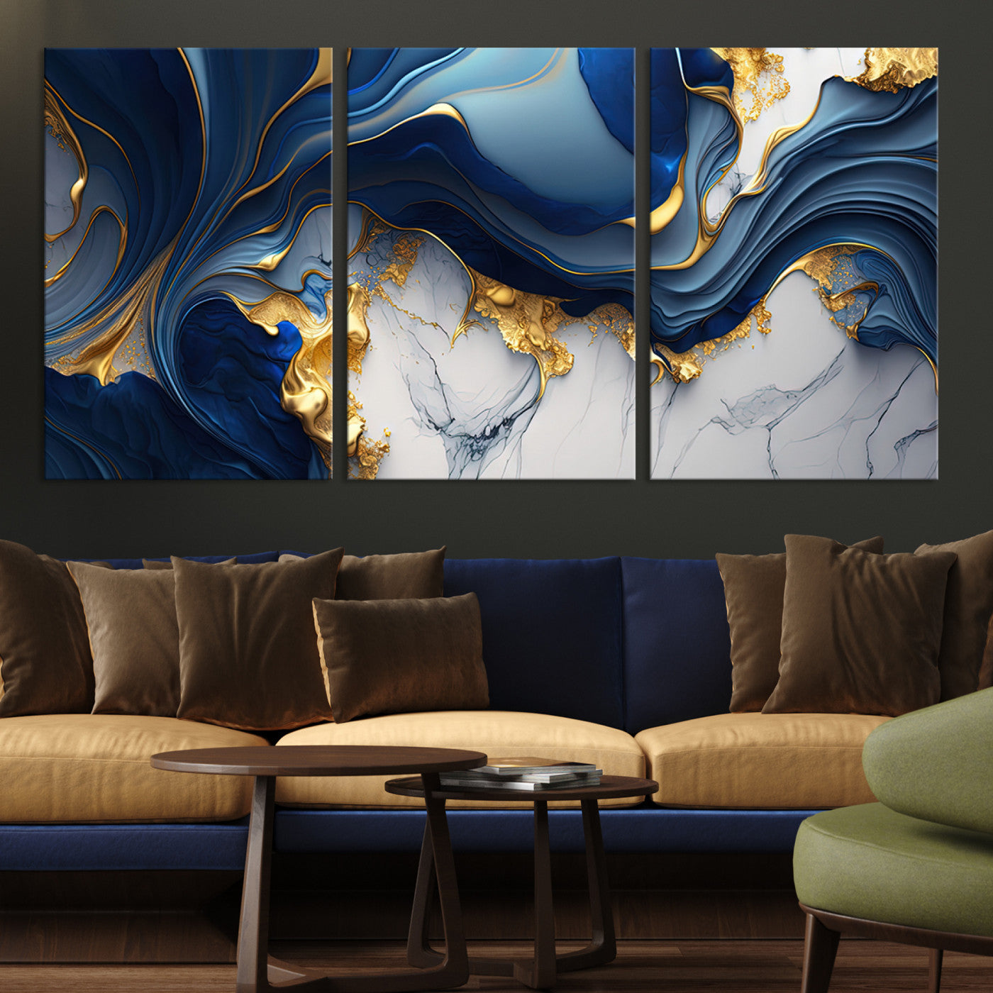 Blue Marble Wall Art Canvas Print – Framed Gold Veins