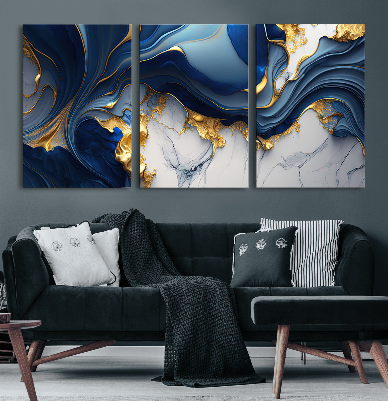 Blue Marble Wall Art Canvas Print – Framed Gold Veins