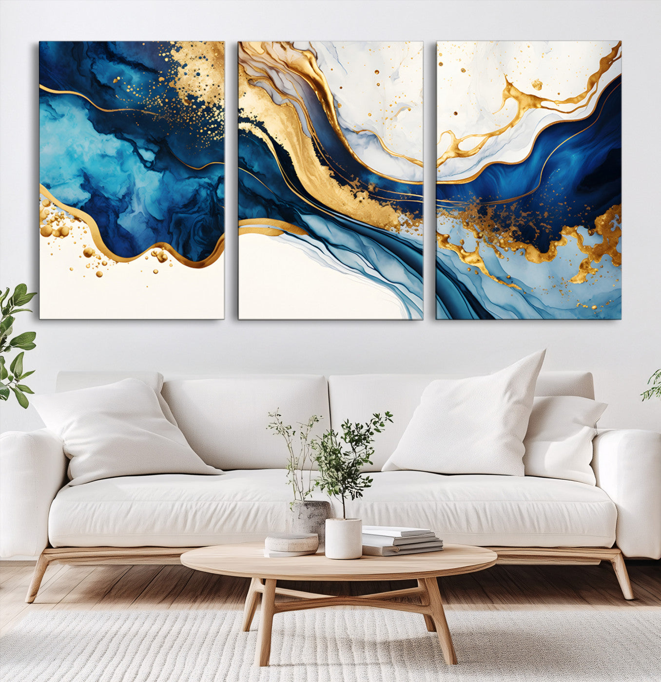 Blue Gold Flow Wall Art Canvas Print – Framed Marble Design