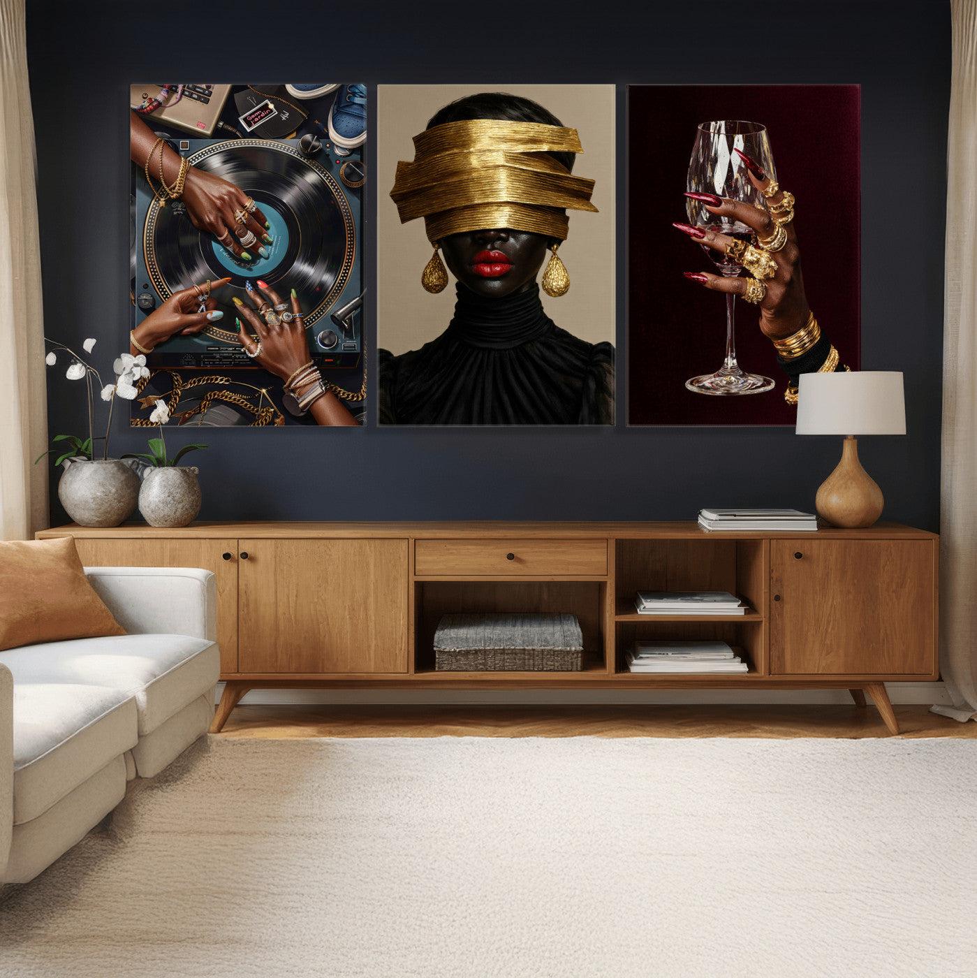 Luxury Fashion Wall Art Canvas Print Set of 3, Gold Jewelry