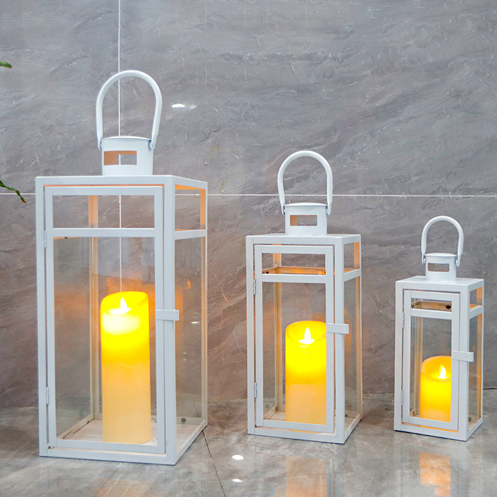 Metal Candle Lantern Set (3pcs, 12/15/19"): Tall Hanging, Tempered Panels, White (Indoor/Outdoor)-3