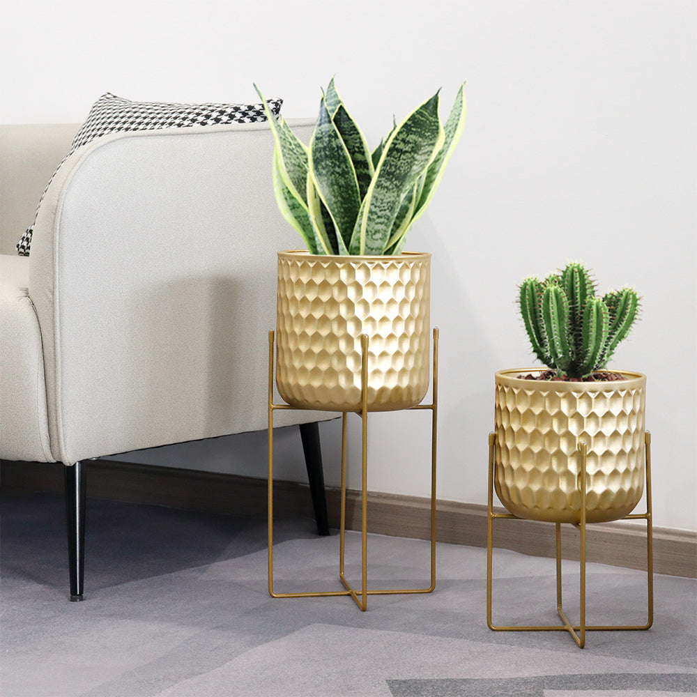 2 Set of 17&12 " Tall Planters With Stand (Gold)-0