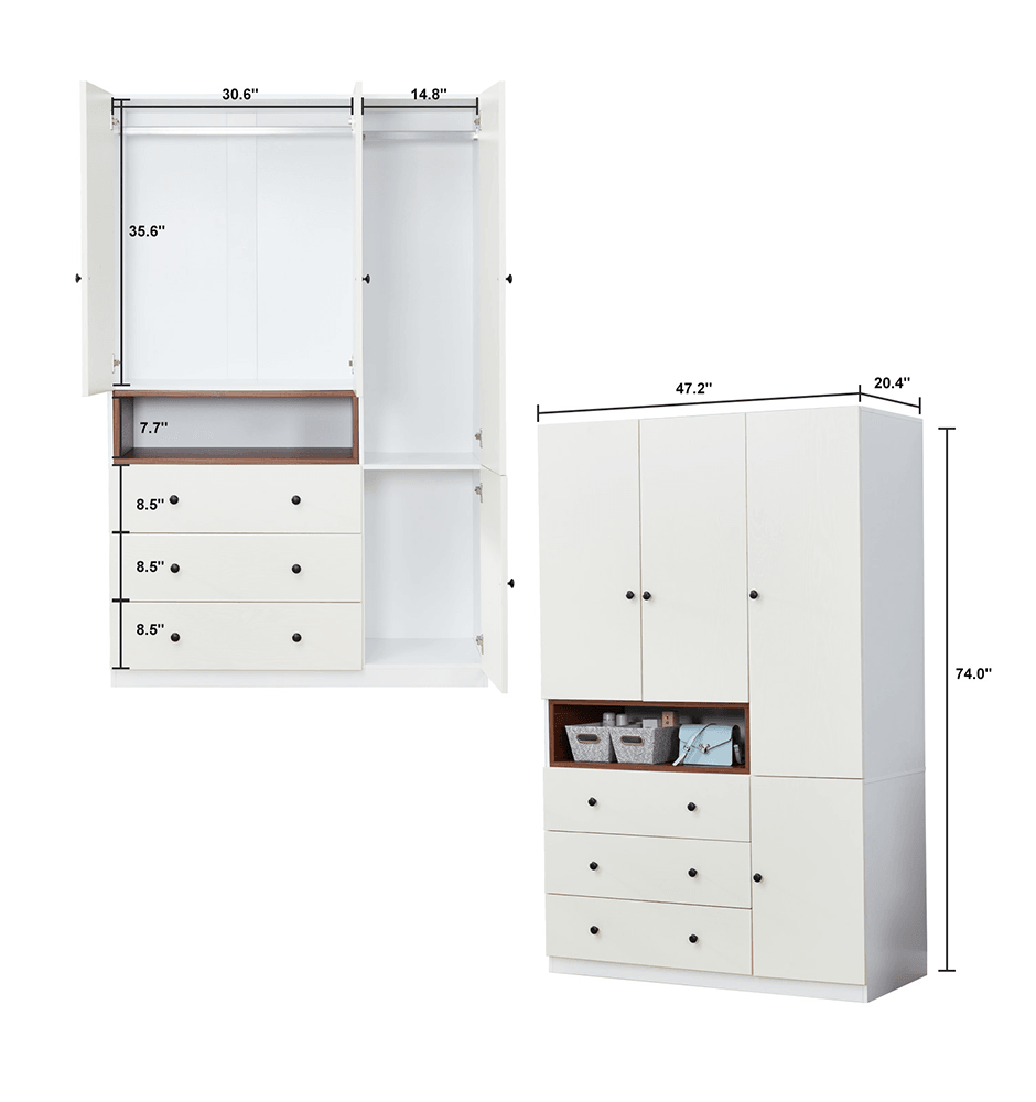 74'' H 3-Door White Wood Wardrobe Closet | Freestanding Armoire with Hanging Rod & Large Storage for Bedroom & Bathroom - PRHOMZ