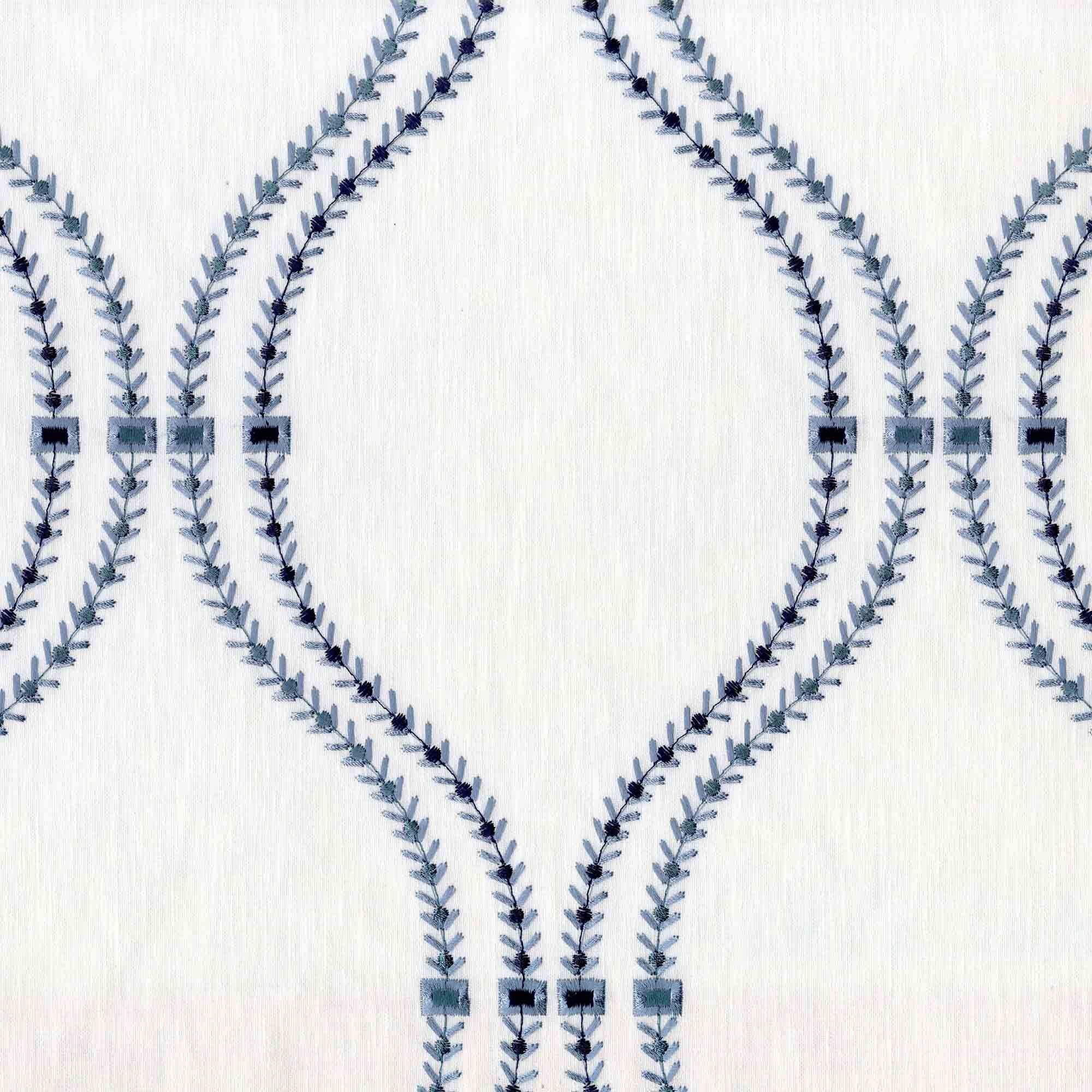White & Navy Linen Sheer Curtains | Embroidered Ogee Trellis Design | Custom Sizes & Headings-2