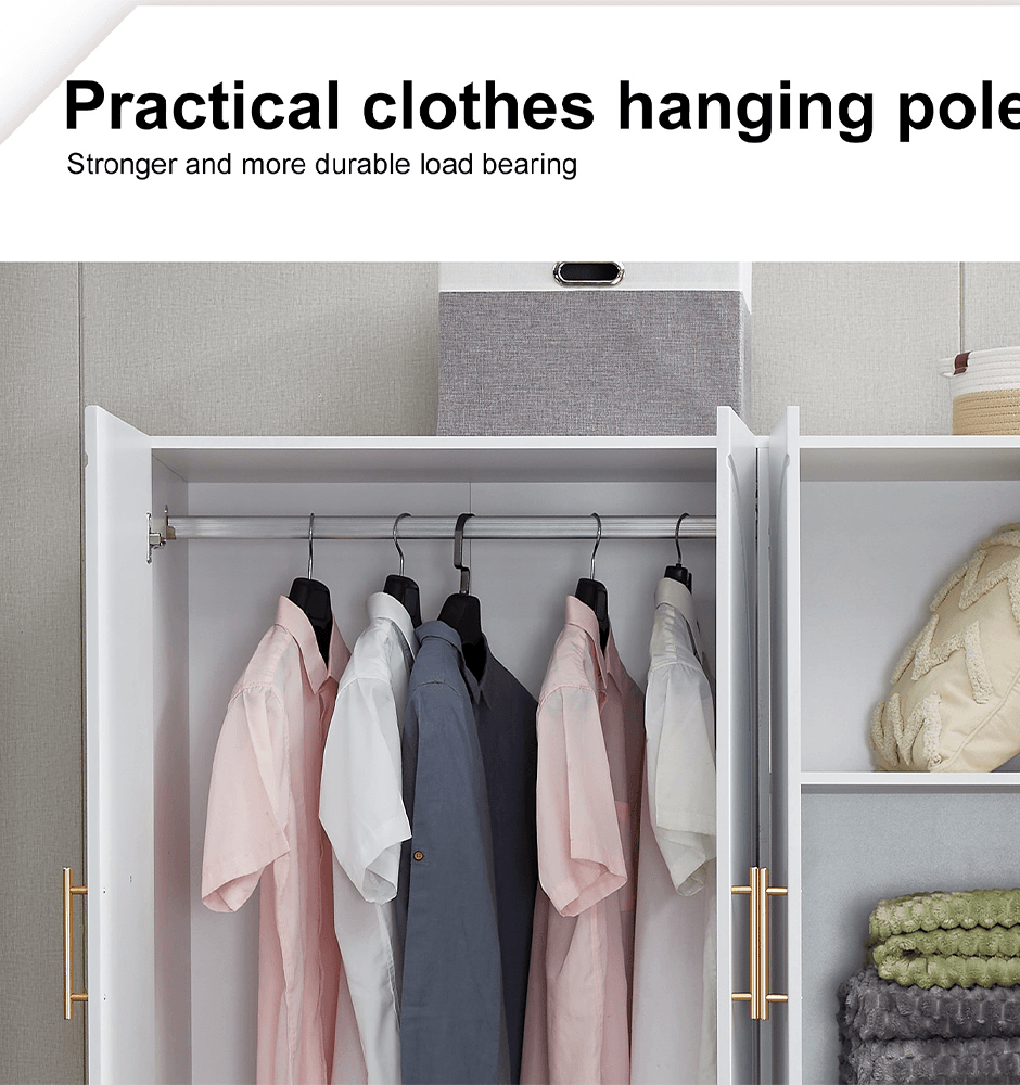 74.2'' H 4-Door White Wooden Armoire Wardrobe | Freestanding Storage Closet with Gold Handles, Hanging Rod, Shelves & Drawers - PRHOMZ