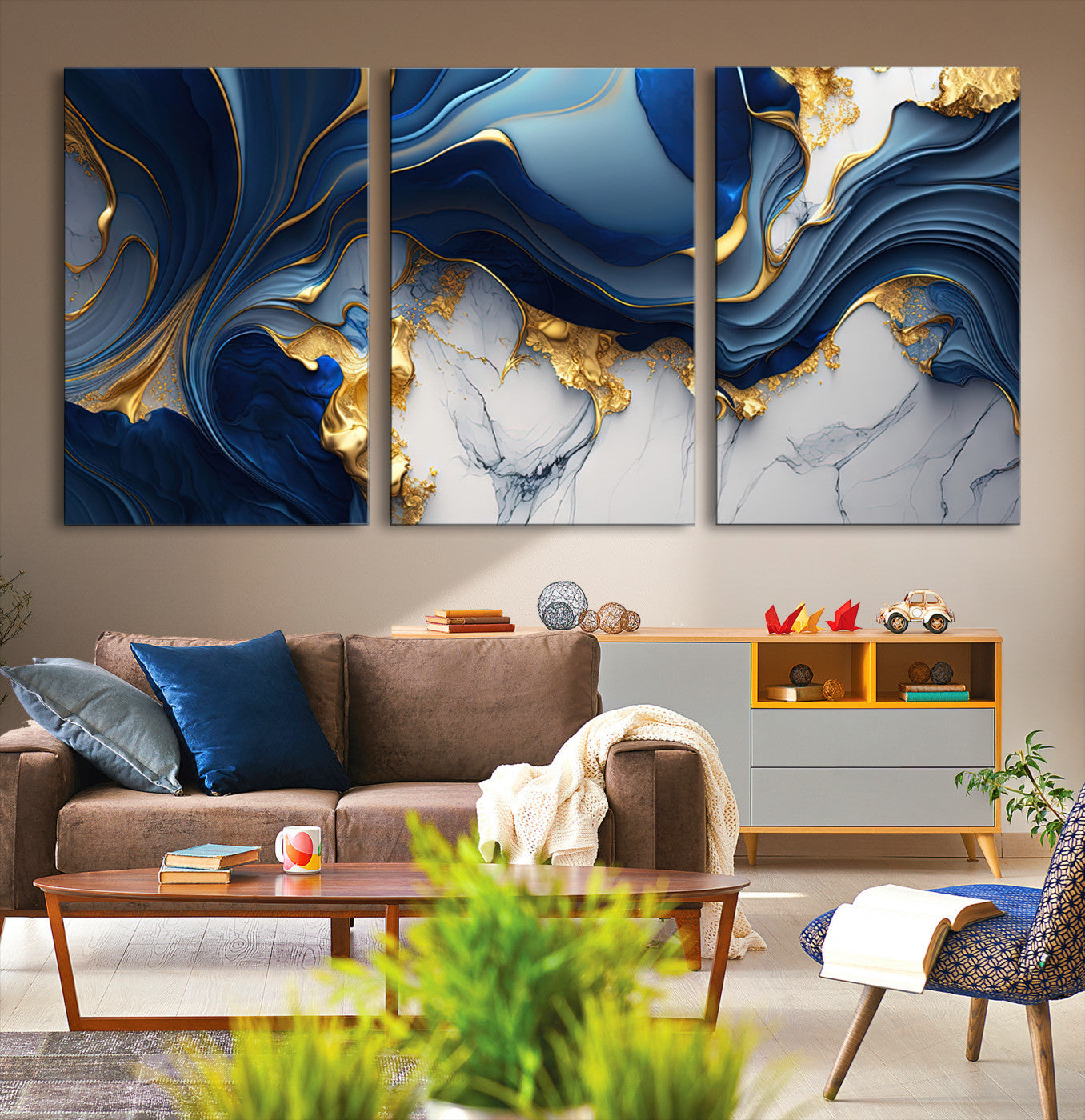 Blue Marble Wall Art Canvas Print – Framed Gold Veins