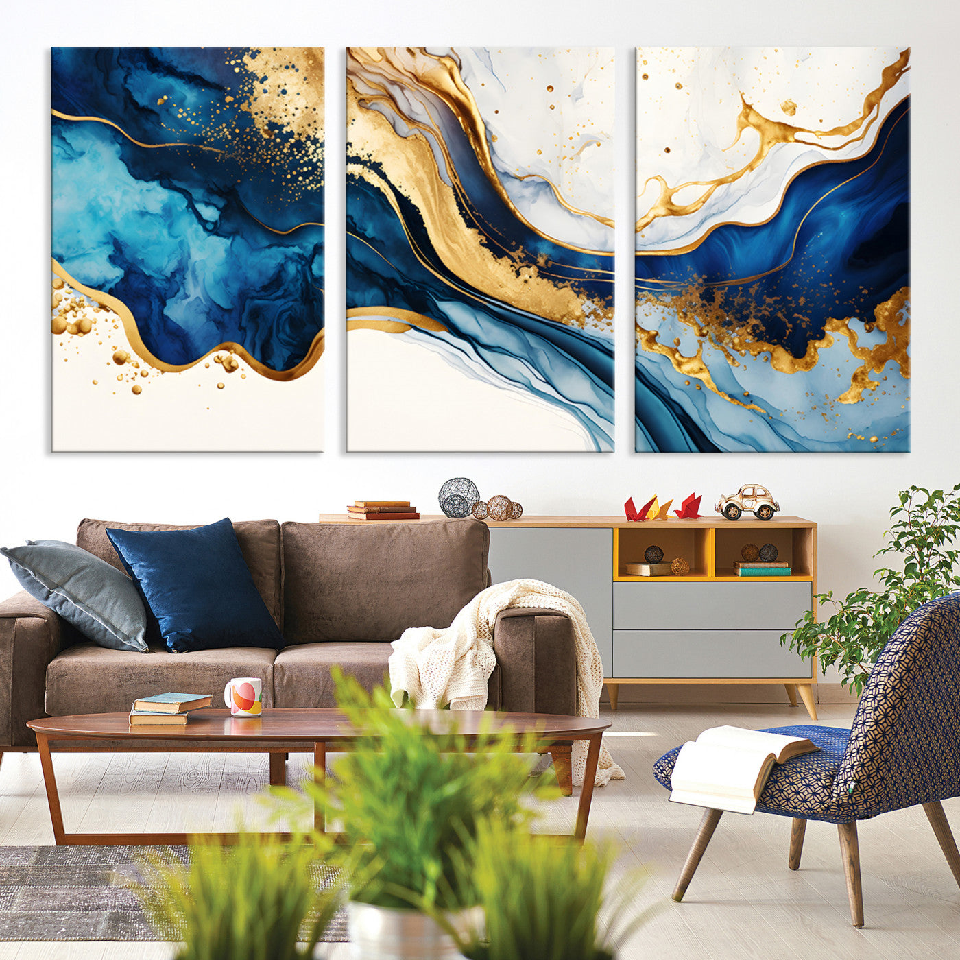 Blue Gold Flow Wall Art Canvas Print – Framed Marble Design