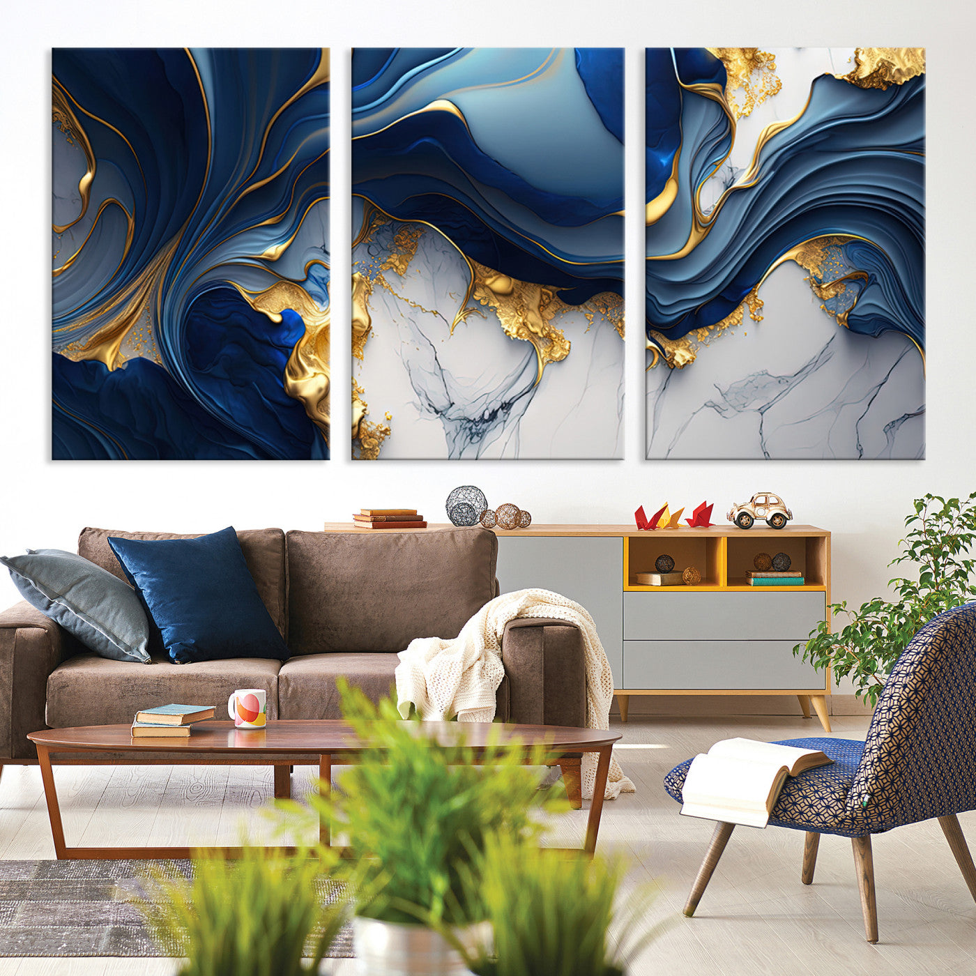 Blue Marble Wall Art Canvas Print – Framed Gold Veins