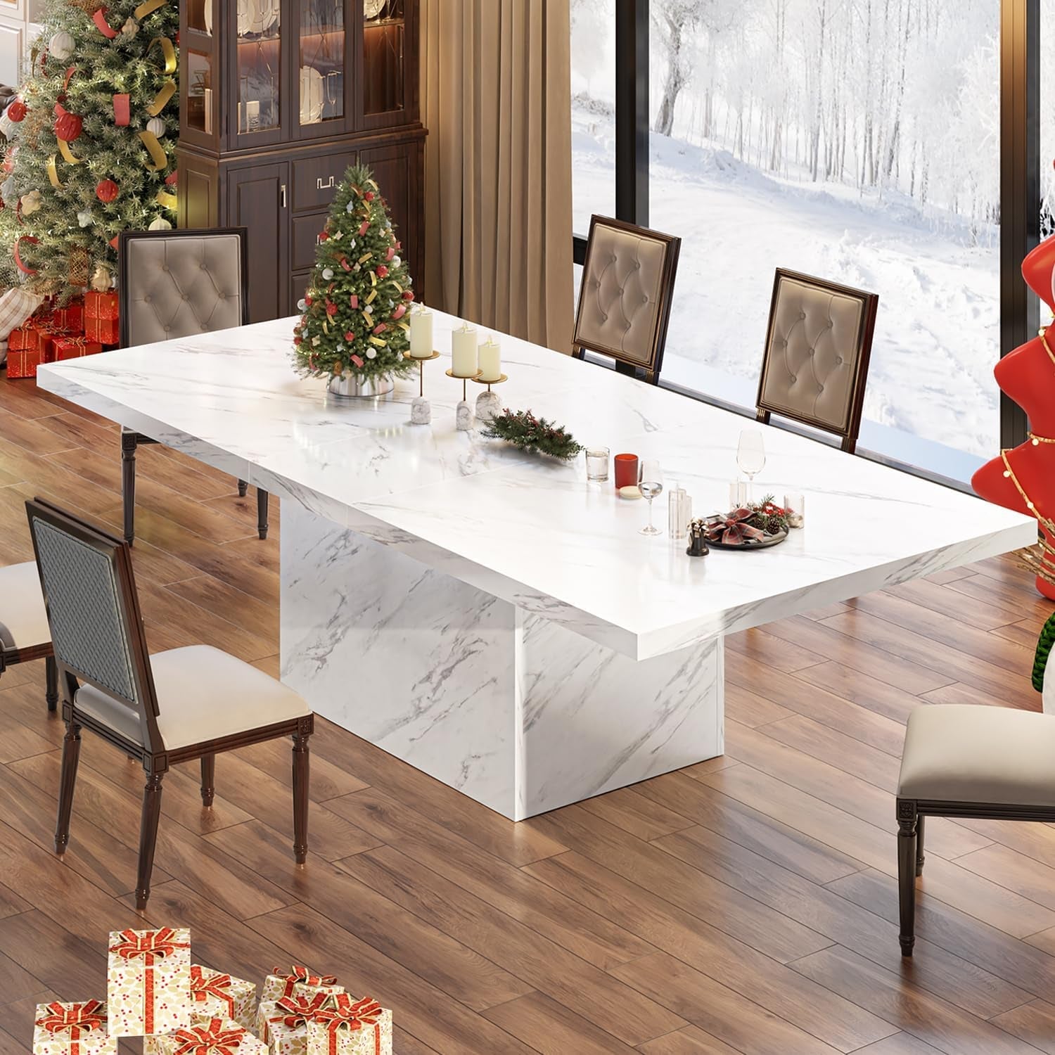71 Inch White Faux Marble Dining Table With MDF Top