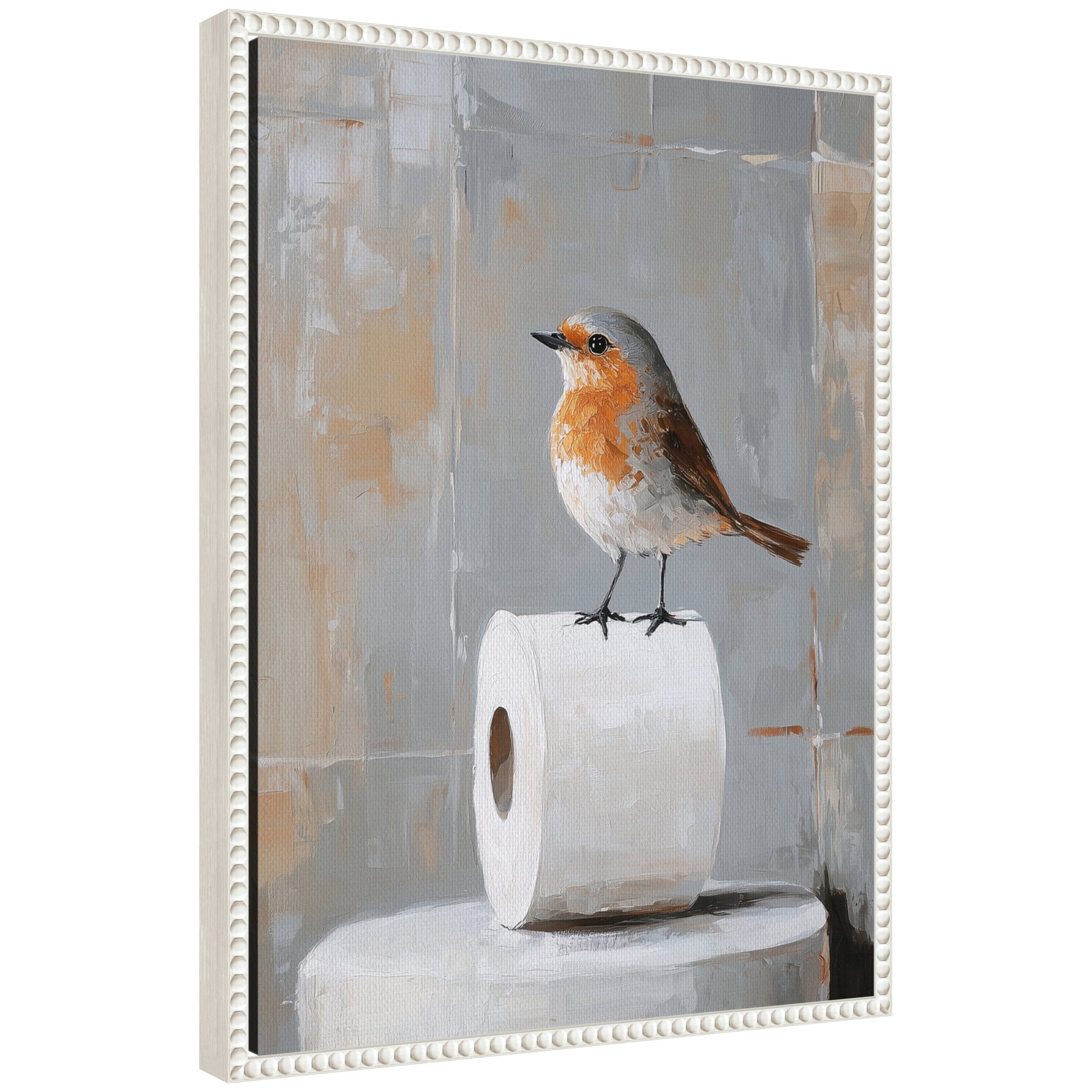 Sylvie Bird Standing on Toilet Paper Roll Toilet Bathroom Art Framed Canvas by The Creative Bunch Studio