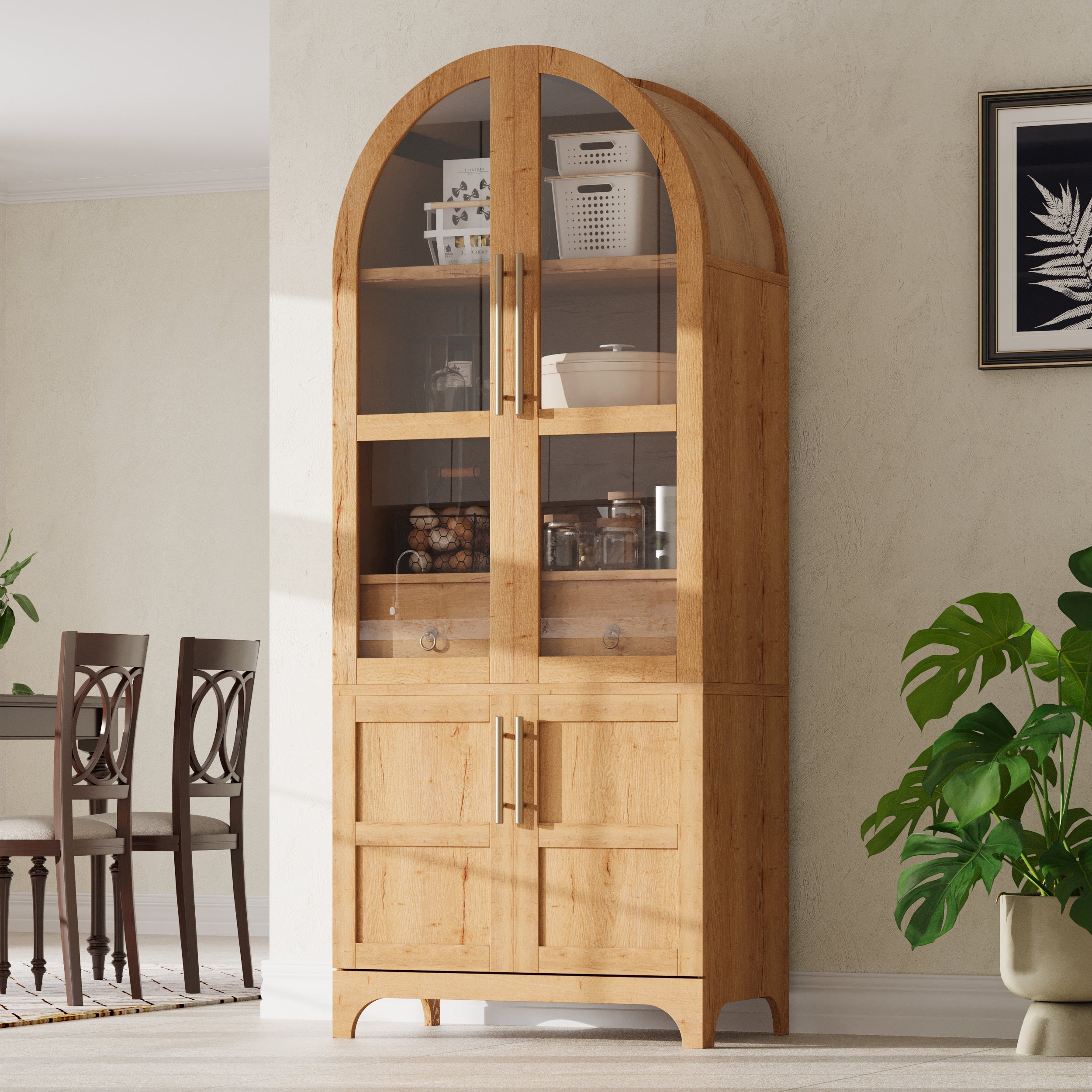 K&K 71' Tall Arched Kitchen Pantry Cabinet with Adjustable Shelves