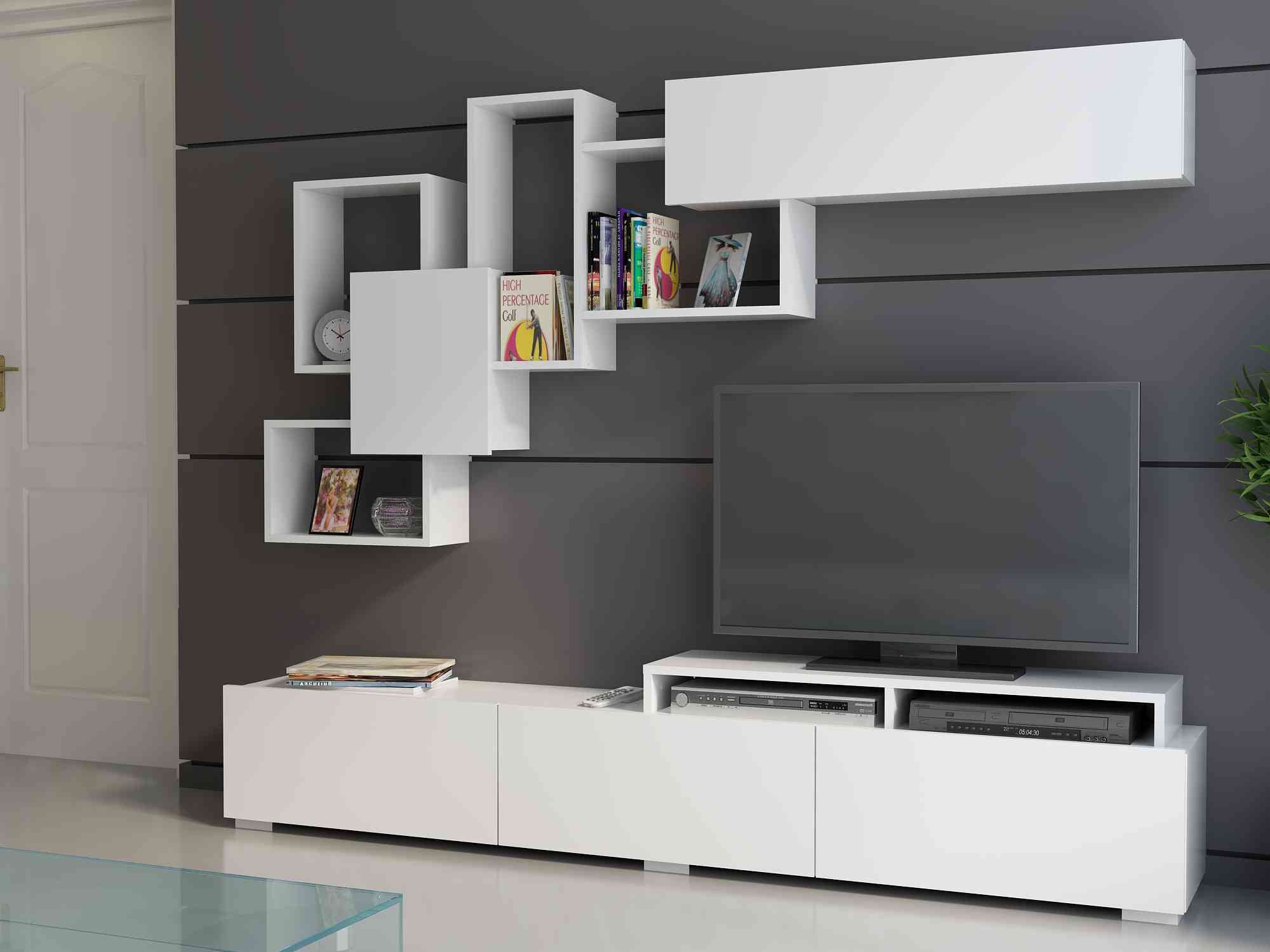 Amor TV Stand Entertainment Center with Wall Shelf and Cubbies for up to 85'' TVs
