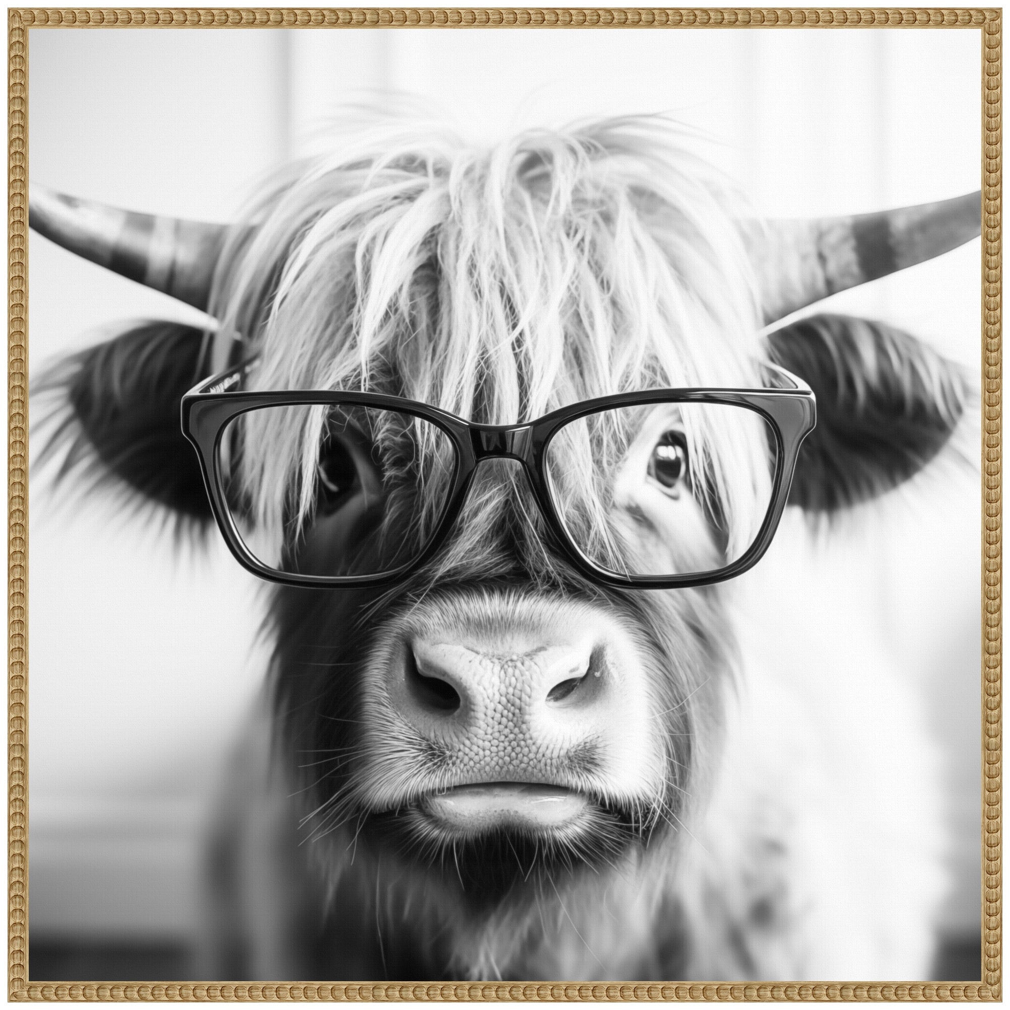 Sylvie Black and White Highland Cow in Reading Glasses Framed Canvas by The Creative Bunch Studio