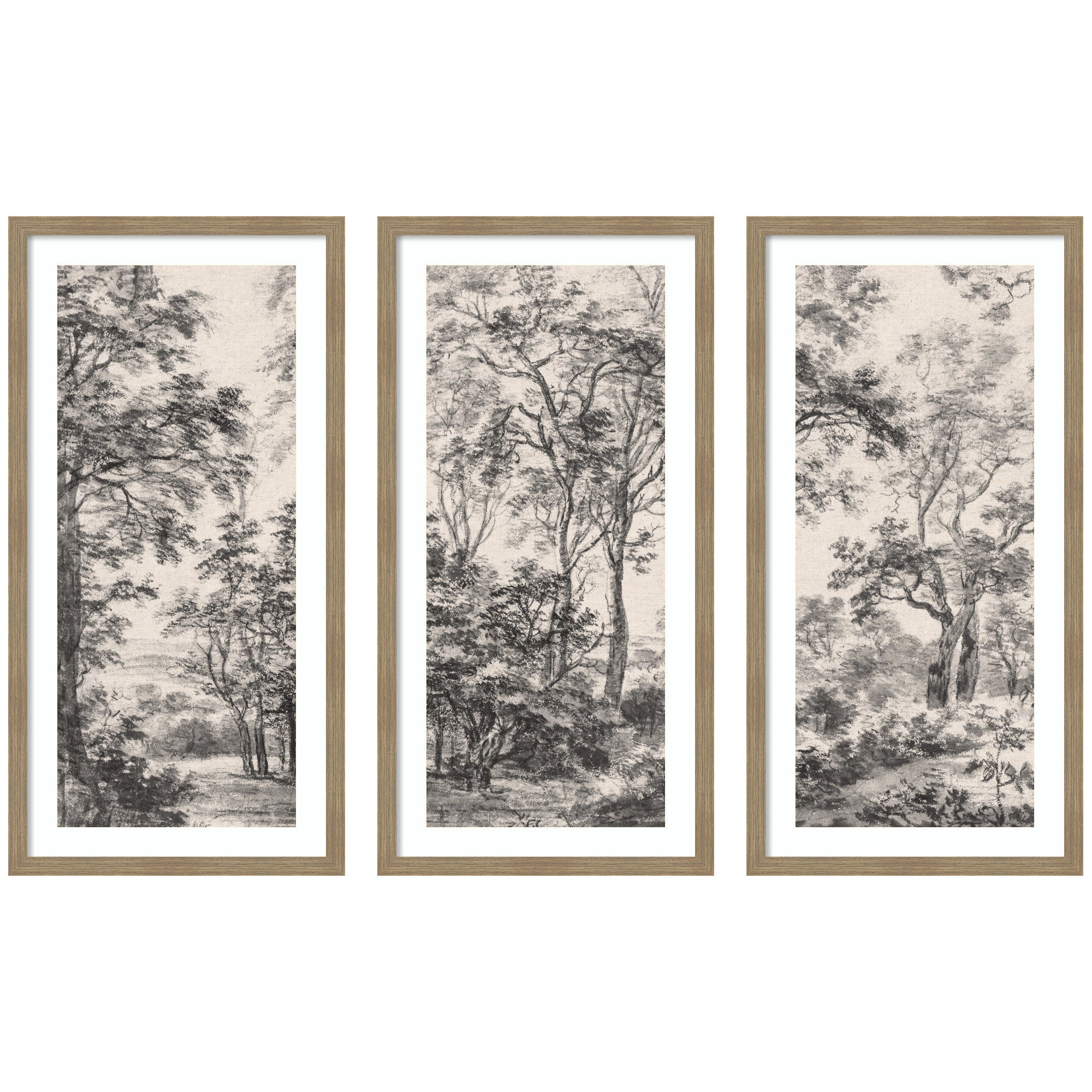 Wooded Landscape after 1648 Antonie Waterloo Linen Panel 3 Piece Framed Wall Art Print Set by Nostalgia Prints