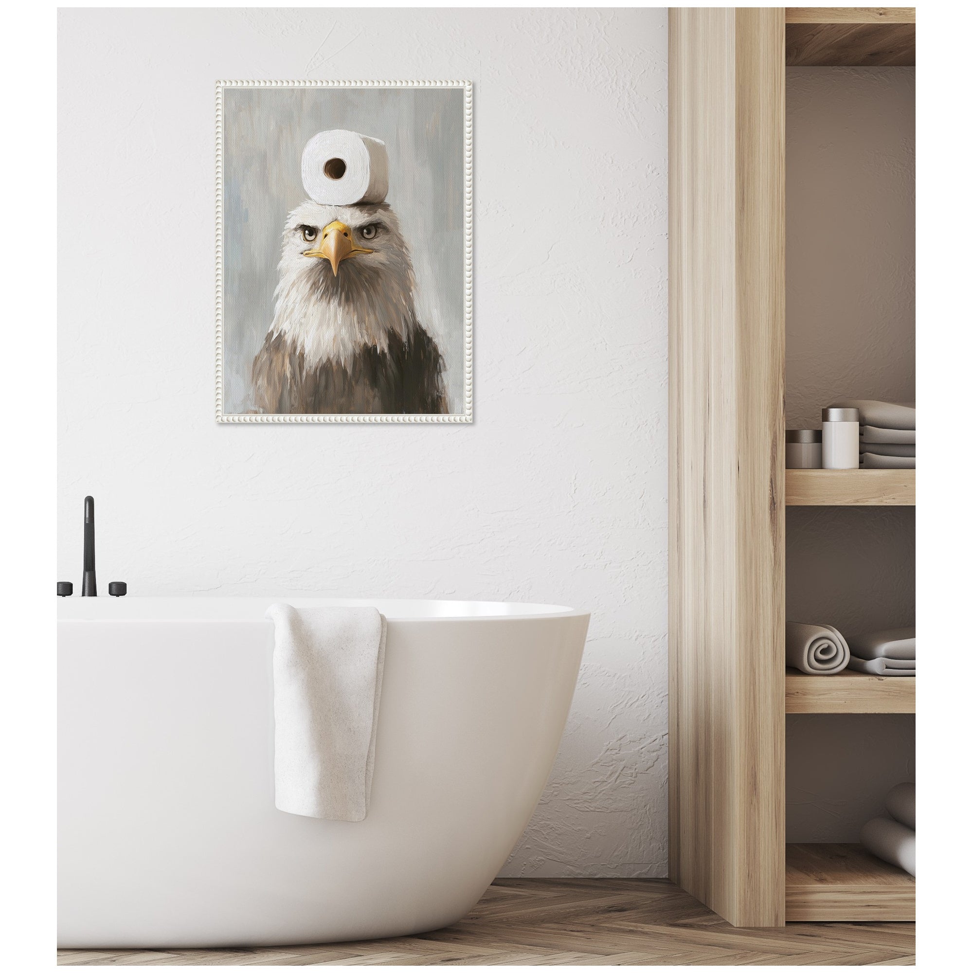 Sylvie Toilet Paper Roll on Bald Eagles Head Bathroom Art Framed Canvas by The Creative Bunch Studio