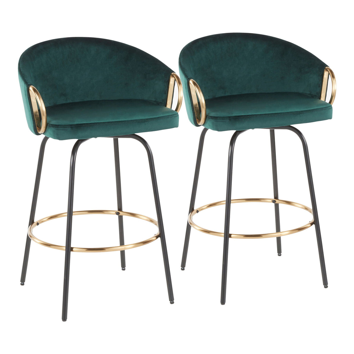 Contemporary Glam Counter Stool Set of 2 with Upholstered Seats – Light Blue, Dark Green, Beige, or Black