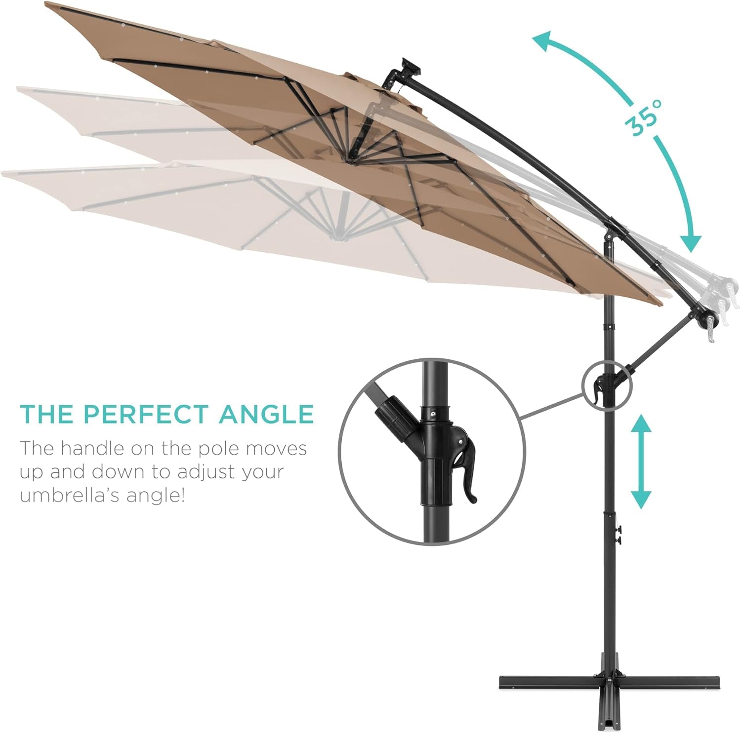 10 Foot Solar LED Offset Patio Umbrella With Easy Tilt Adjustment In Tan For Backyard Use