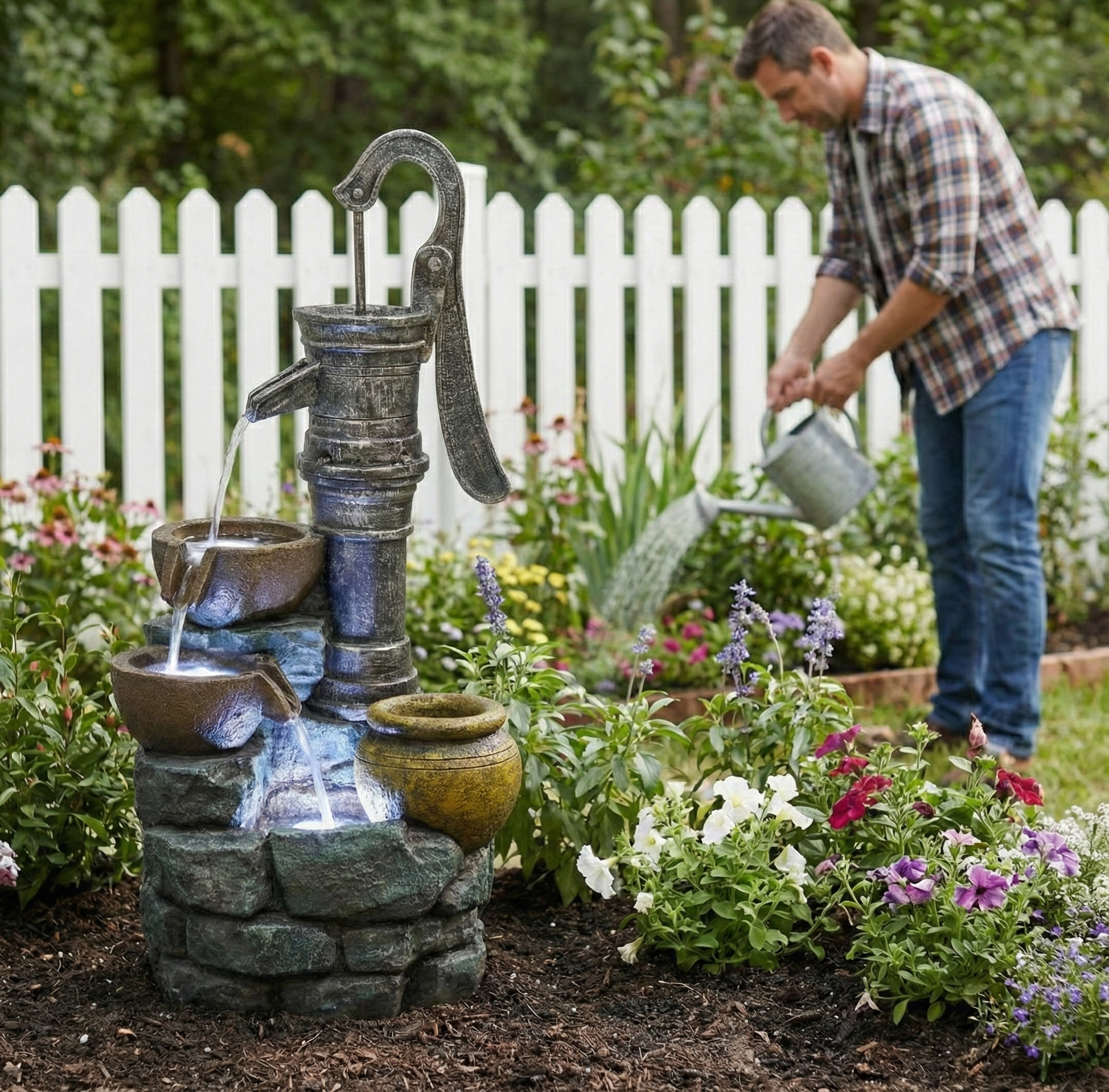 32'' H Large Outdoor Fountain with Vintage Pump