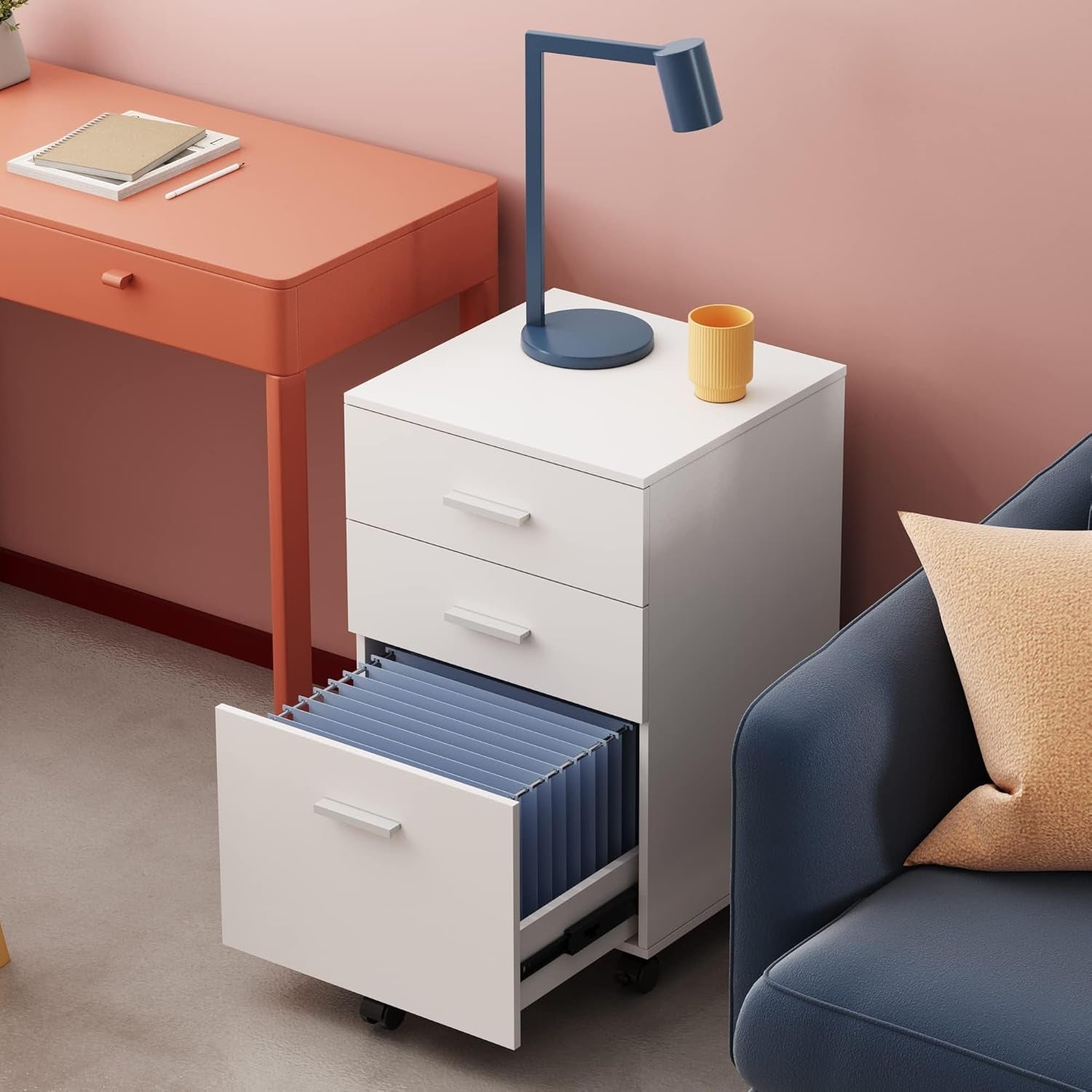 Three Drawer White Wood Mobile File Cabinet For Office Use With Letter A4 Size Compatibility Compact Storage Solution