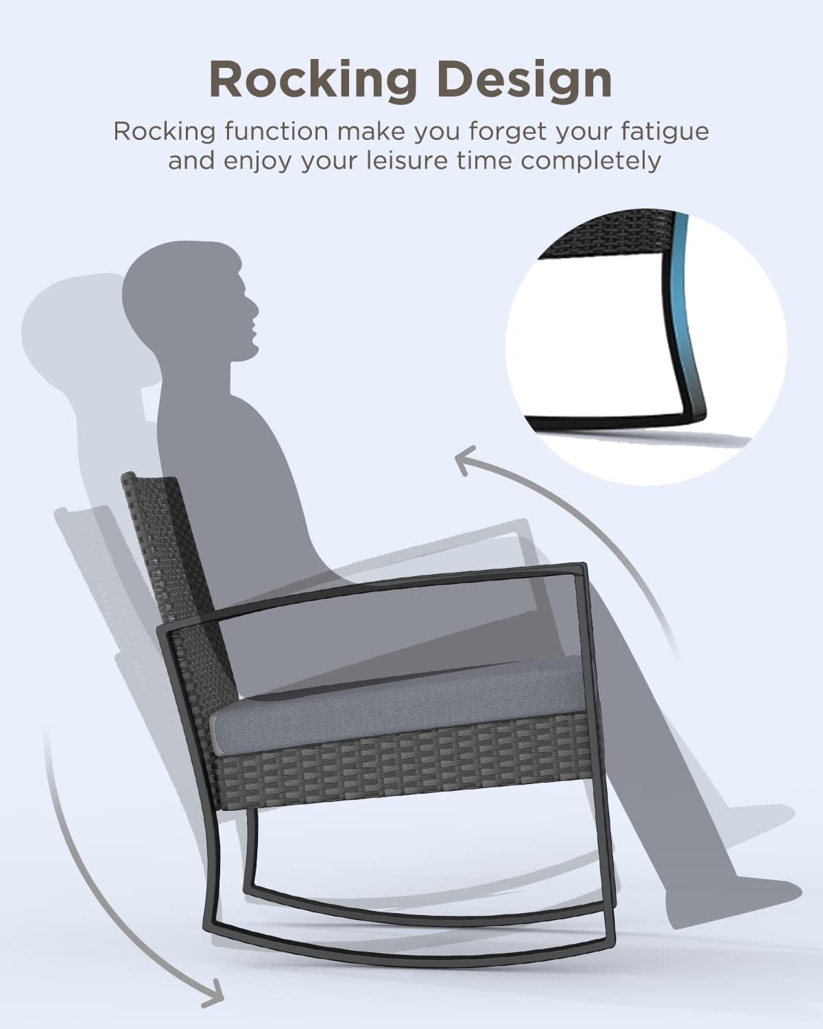 3 Piece Rattan Rocking Bistro Set With Coffee Table Outdoor Patio Furniture Grey Cushions