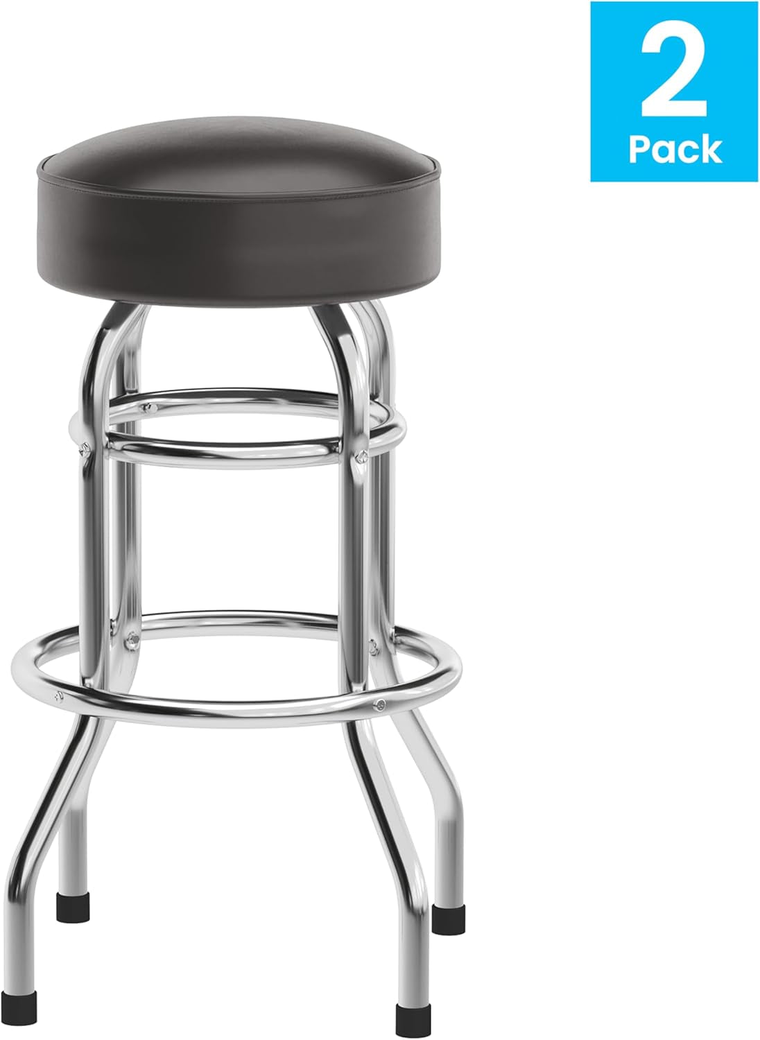 2 Pack Chrome Double Ring Bar Stools with Dark Brown Seats