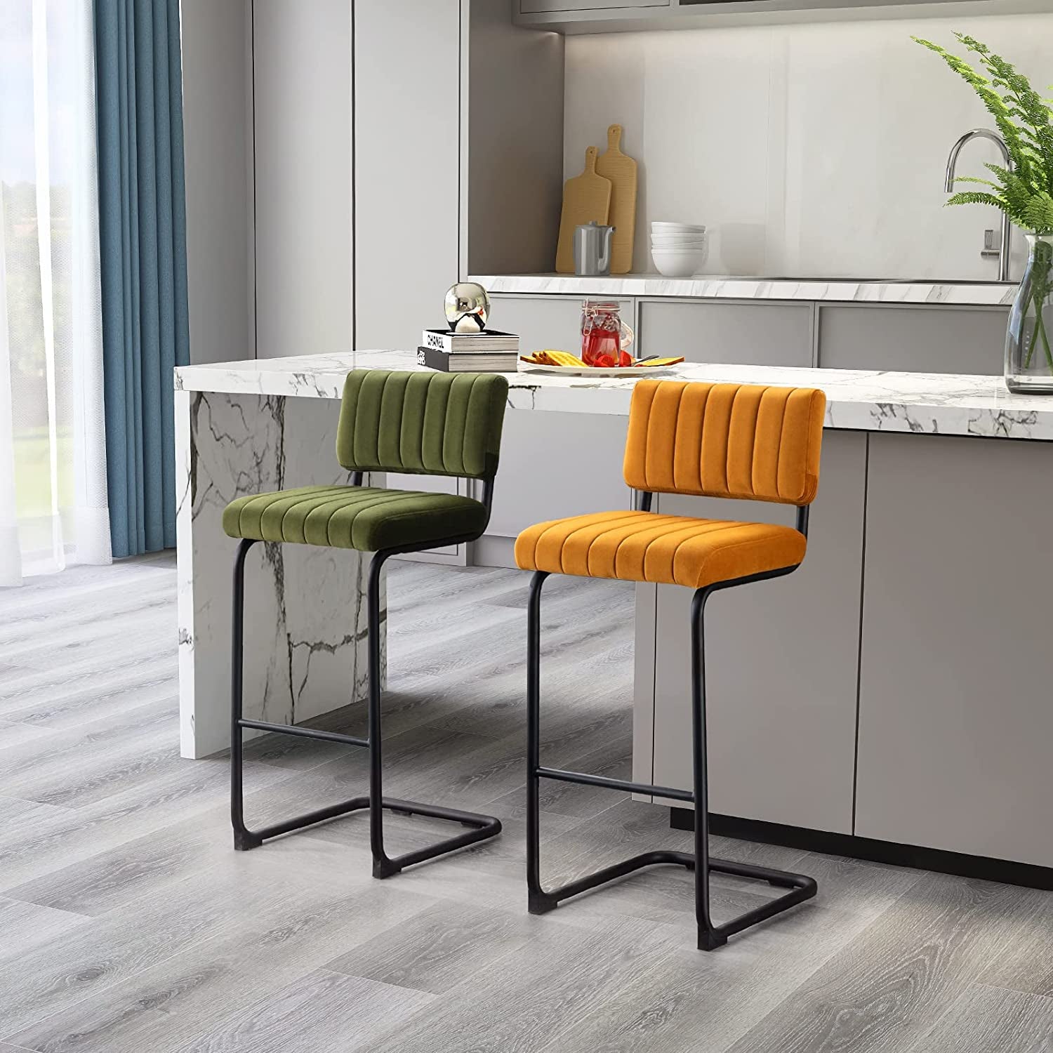 Velvet Bar Height Stools Orange Cantilever Set of 2