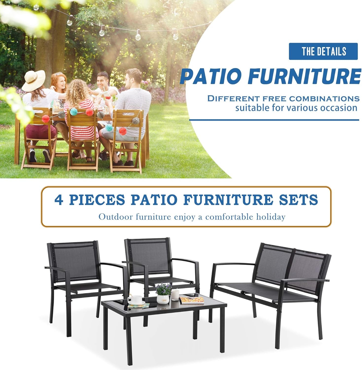 Dark Grey Outdoor Patio Set With Glass Coffee Table
