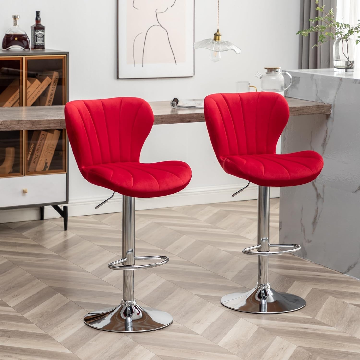 Velvet Adjustable Swivel Bar Stool Set Of 2 In Red