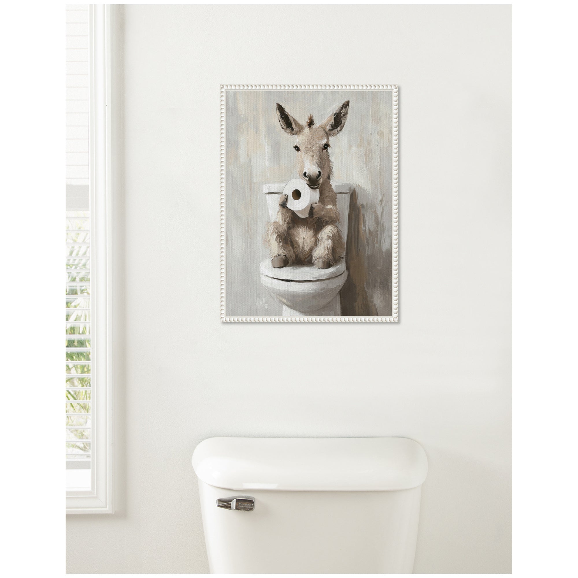 Sylvie Cute Donkey Holding Toilet Paper Roll Toilet Bathroom Art Framed Canvas by The Creative Bunch Studio