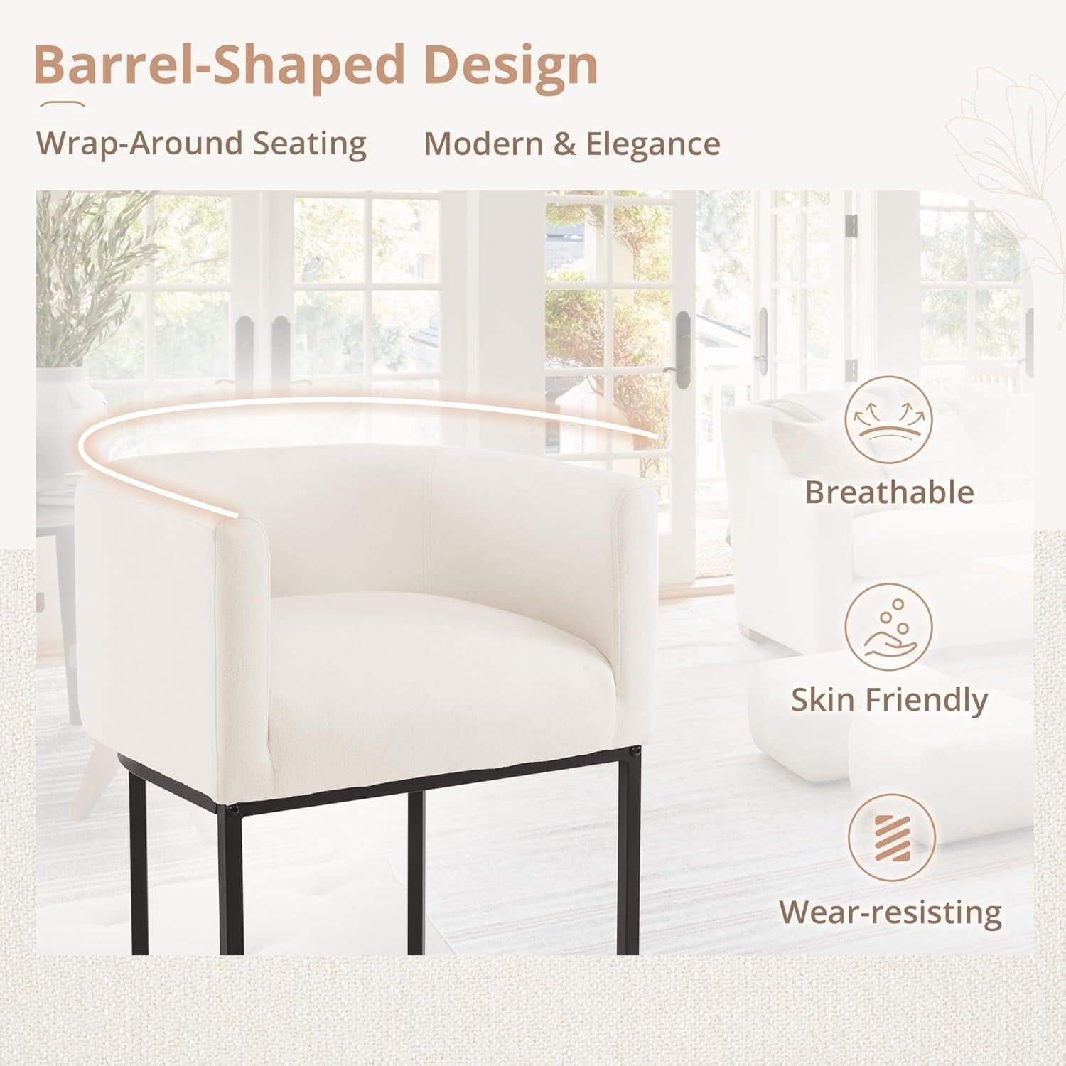 27 Inch Counter Height Bar Stools Set Of 2 With Backrest And Armrests Beige Linen Upholstery Black Metal Frames