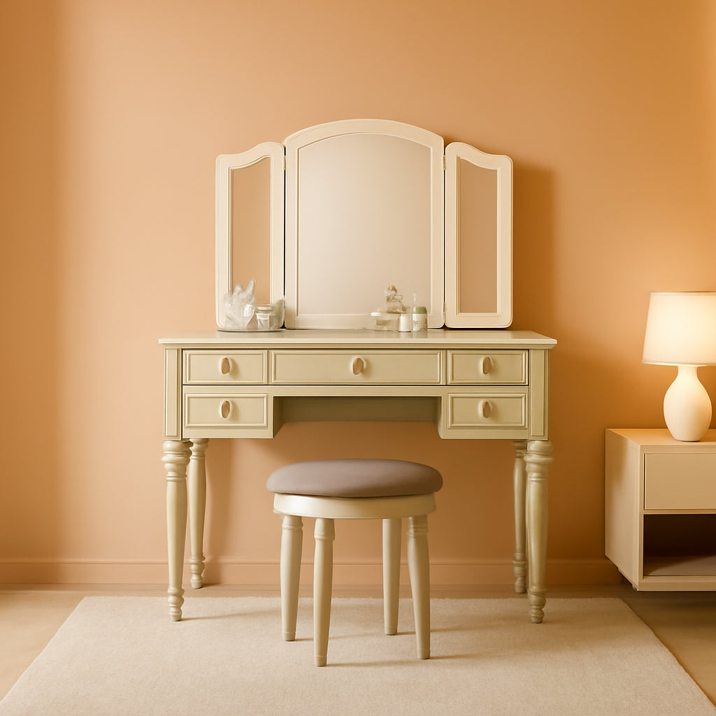 Silver St Croix Vanity Set With Tri Fold Mirror 5 Drawers