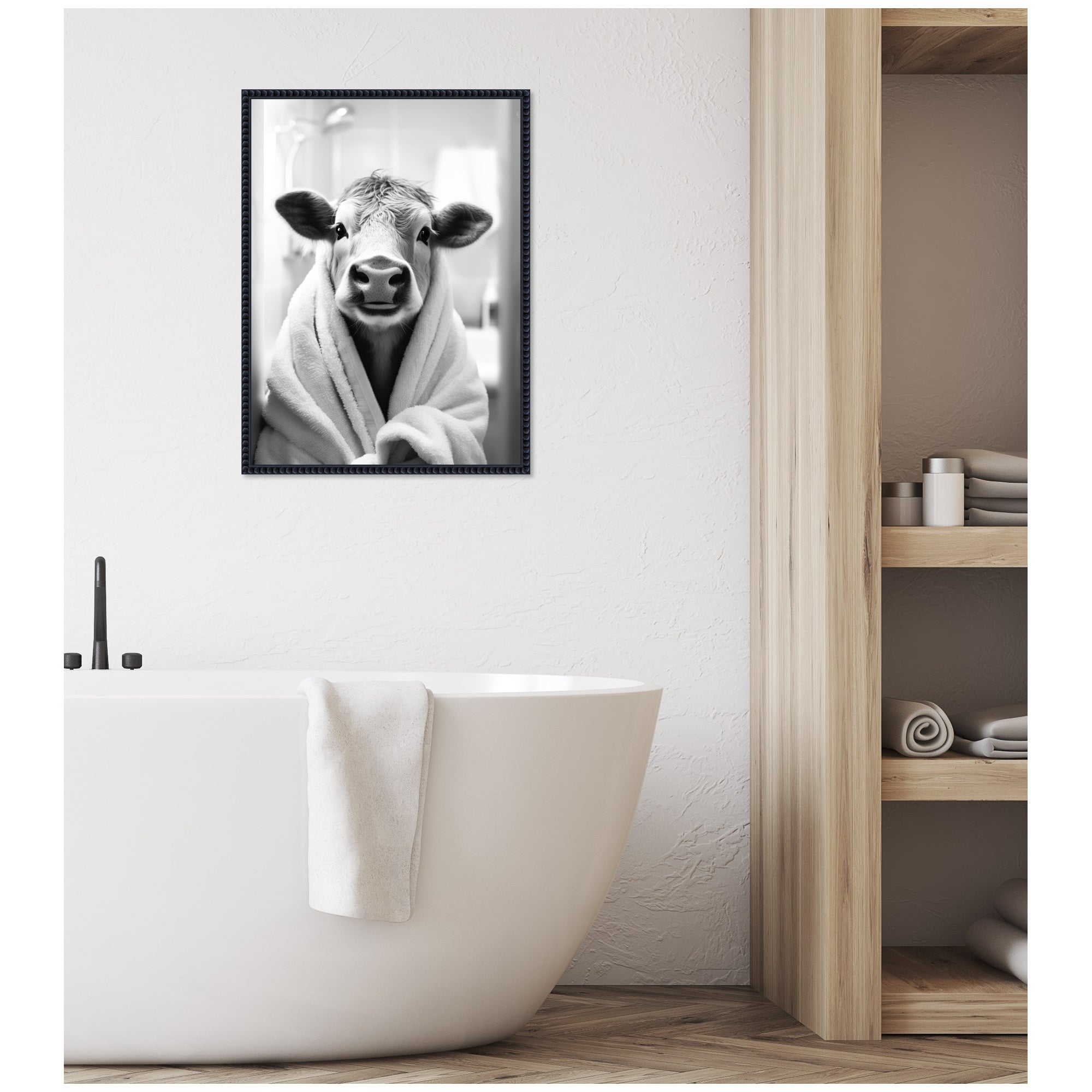 Sylvie Cow Bathroom Art Towel Robe Black and White Framed Canvas by The Creative Bunch Studio