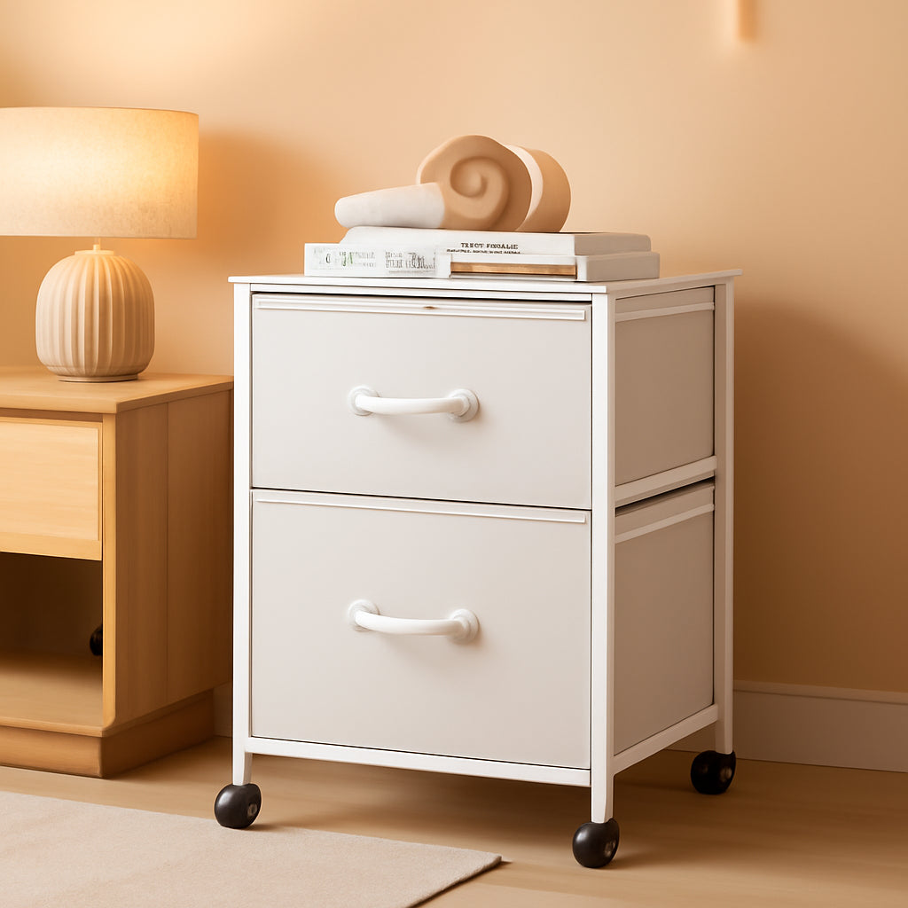 2 Drawer Fabric Vertical Filing Cabinet With Rolling Printer Stand For Home Office White