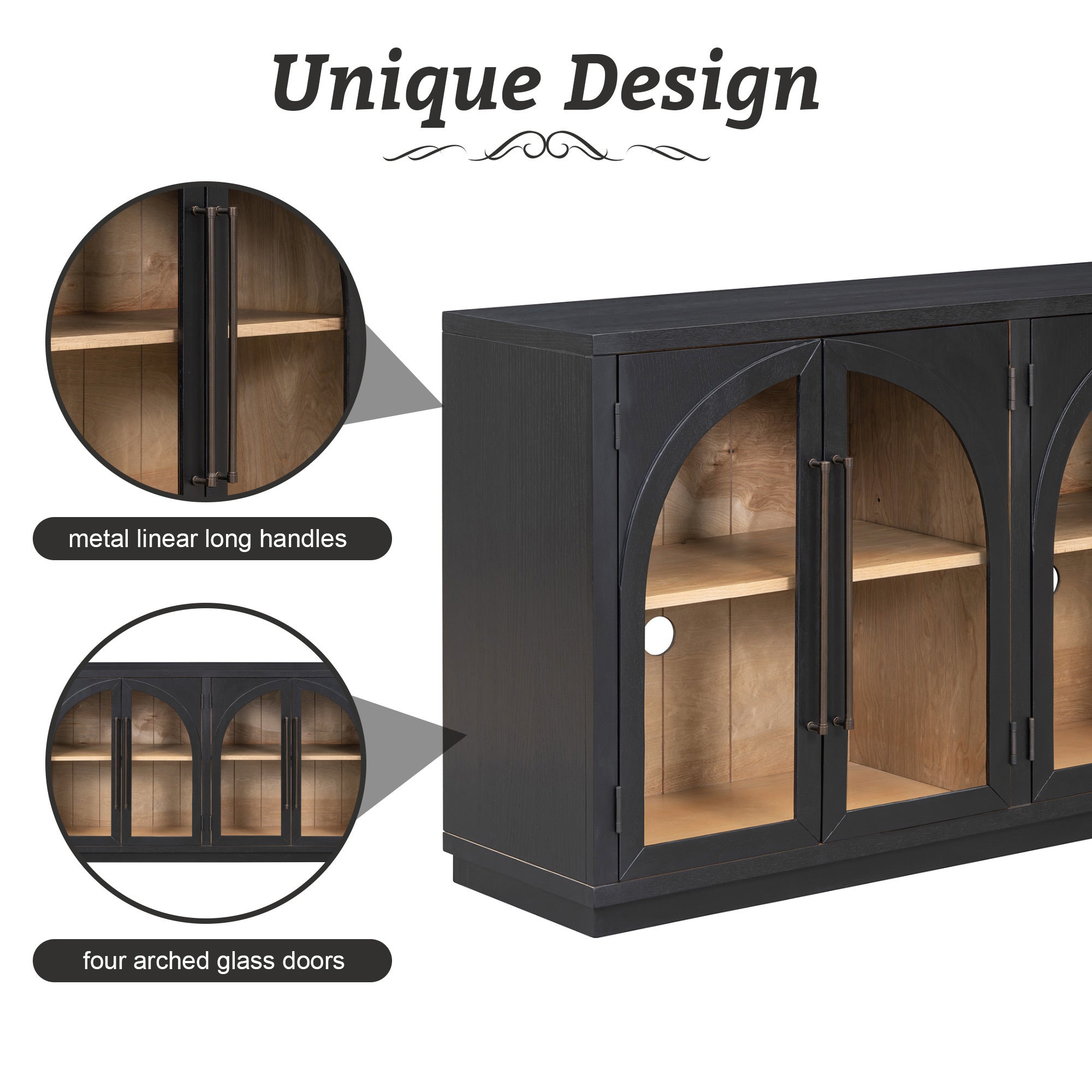 4-Door Large Storage Sideboard Buffet Cabinet with Glass Doors Arched Cabinet (Black)
