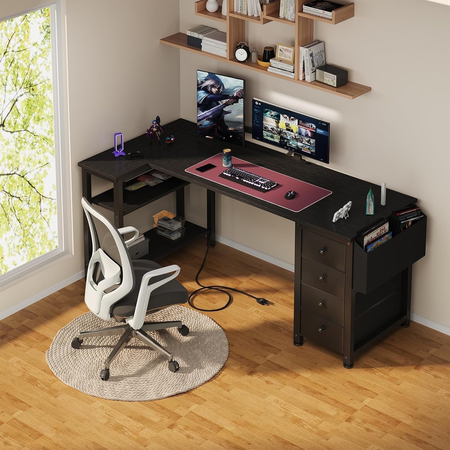 L Shaped Gaming Desk With Power Outlet And Storage Drawers 55 Inch