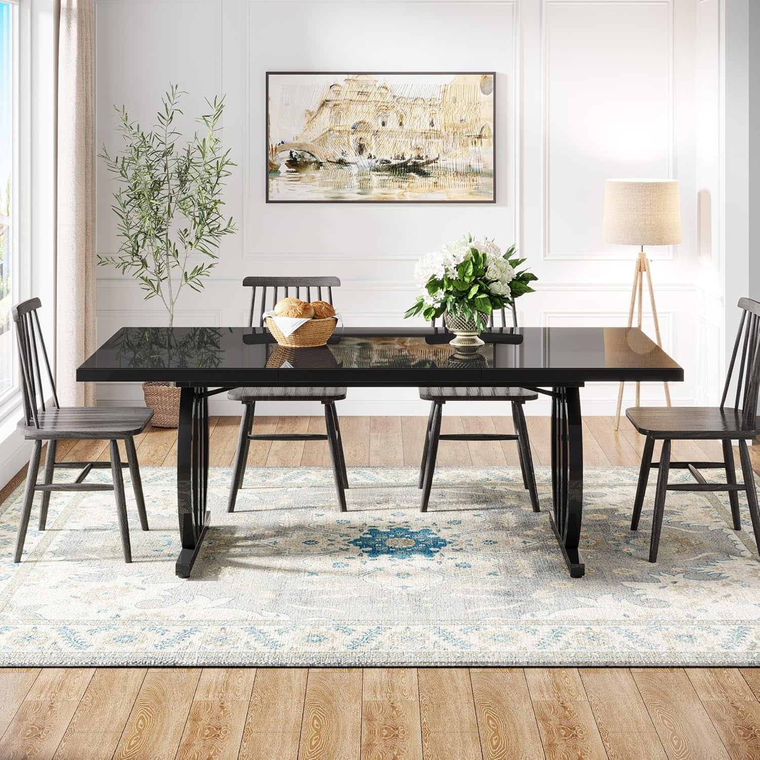 Black 63 Inch Rectangular Dining Table With Thickened Top