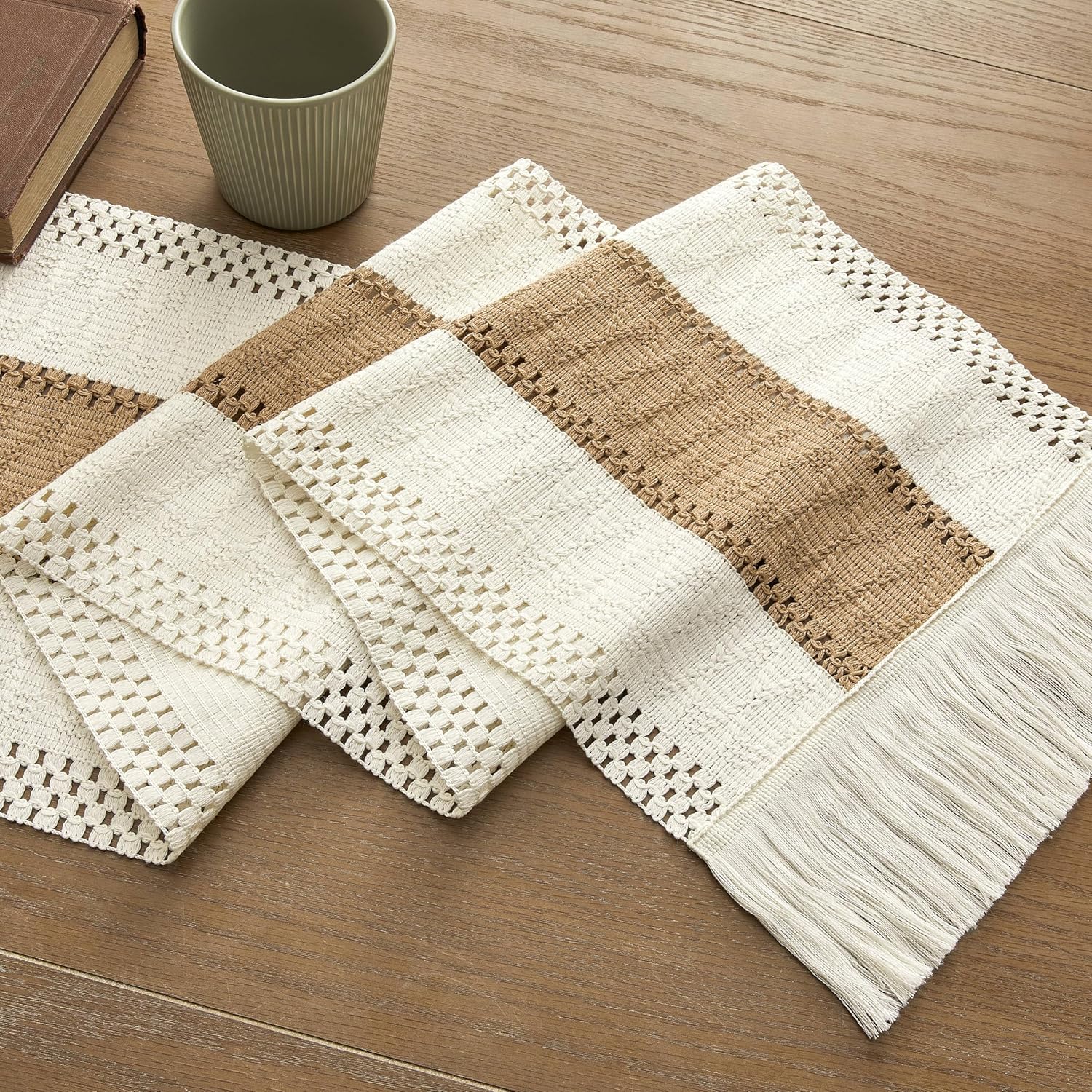 Handmade Cotton Table Runner | Boho Bicolor Woven Runner | Natural Cream & Brown | 12x72 Inches (30x183 cm)-4