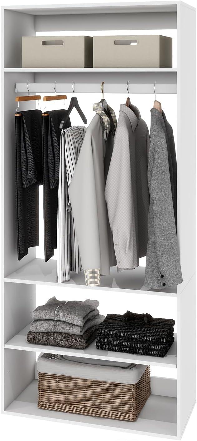 Modular Wood Closet Organizer System with 4 Shelves & Hanging Rods – Wall-Mounted Clothes Storage Cabinet for Bedroom Walk-In, 31.49'' W x 16.04'' D x 70.86'' H - PRHOMZ