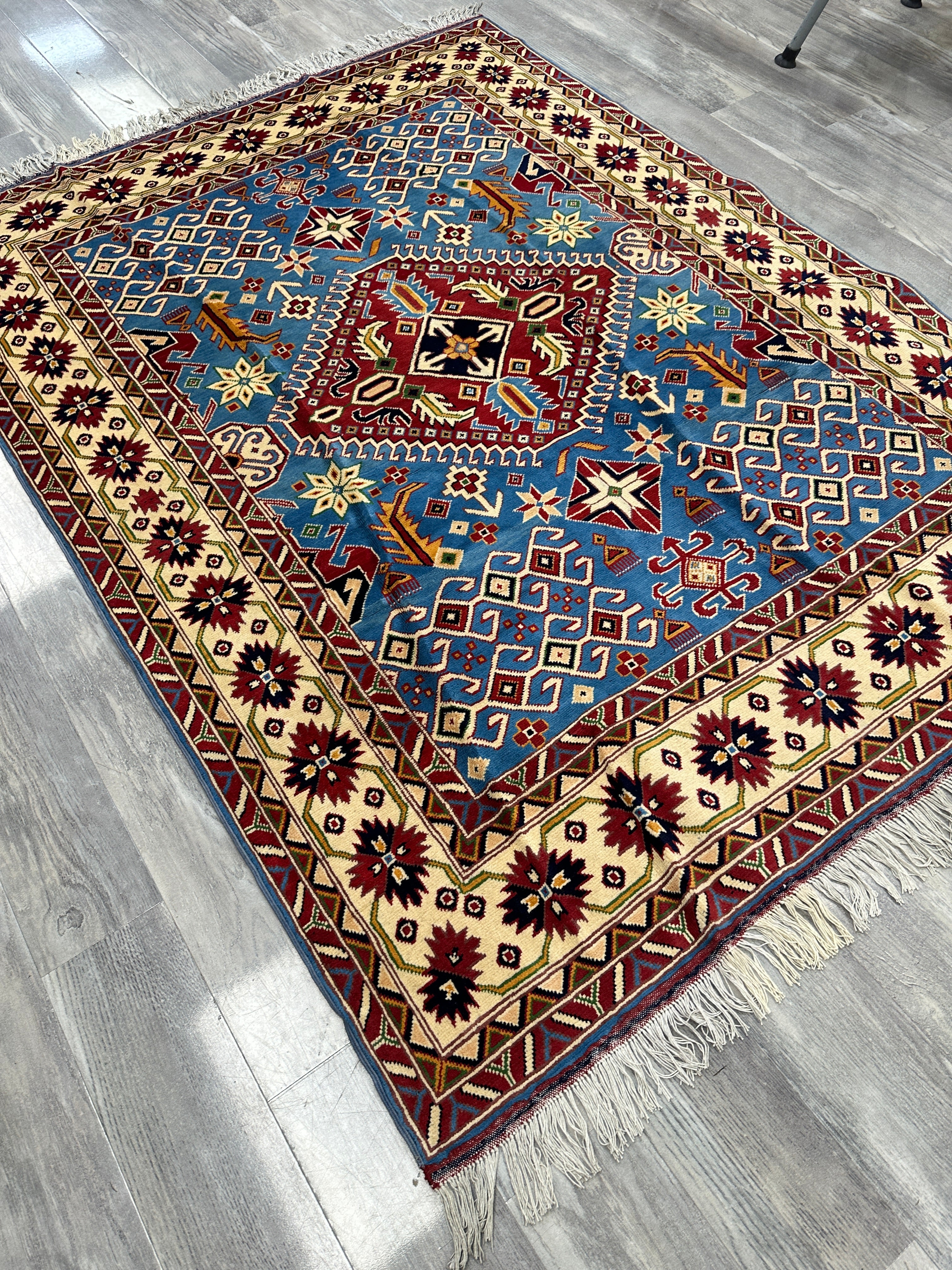 Hand-Knotted Afghani Kazak Wool Rug – 5’0″ x 6’10″